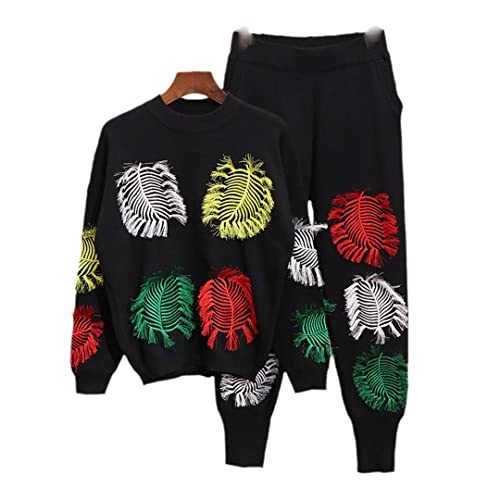 Women's 2-Piece Knit Pant Set with Embroidery & Tassel Details - Stylish Jumper Top & Lounge Pants for Casual Wear, Home Comfort & Boho Fashion