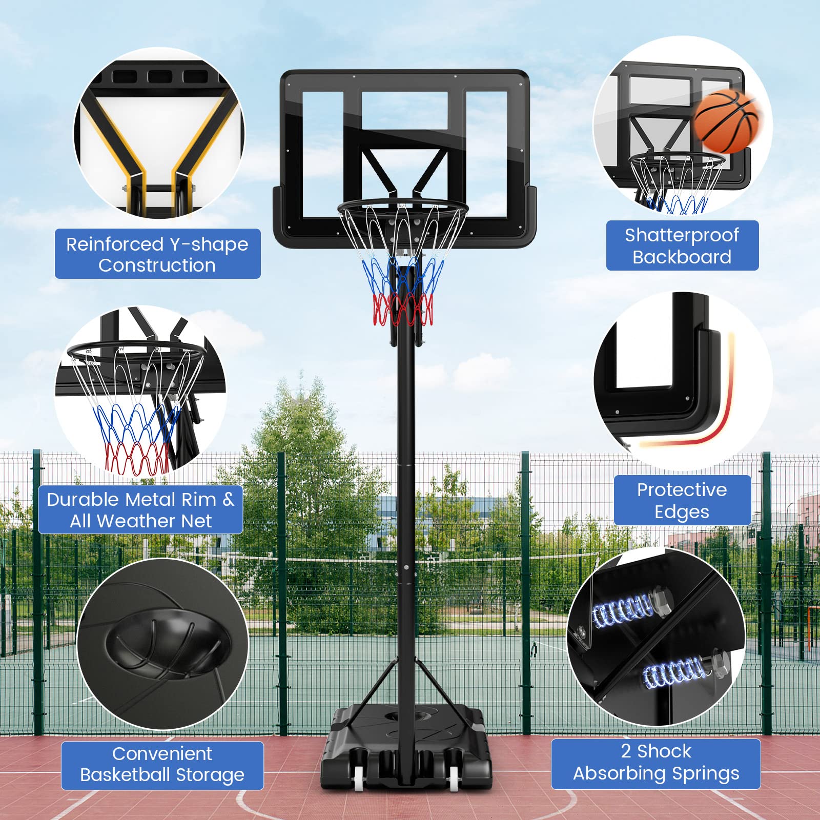 GYMAX 4.6-10Ft Adjustable Basketball Hoop with Shatterproof Backboard - Outdoor Sports for Kids & Adults