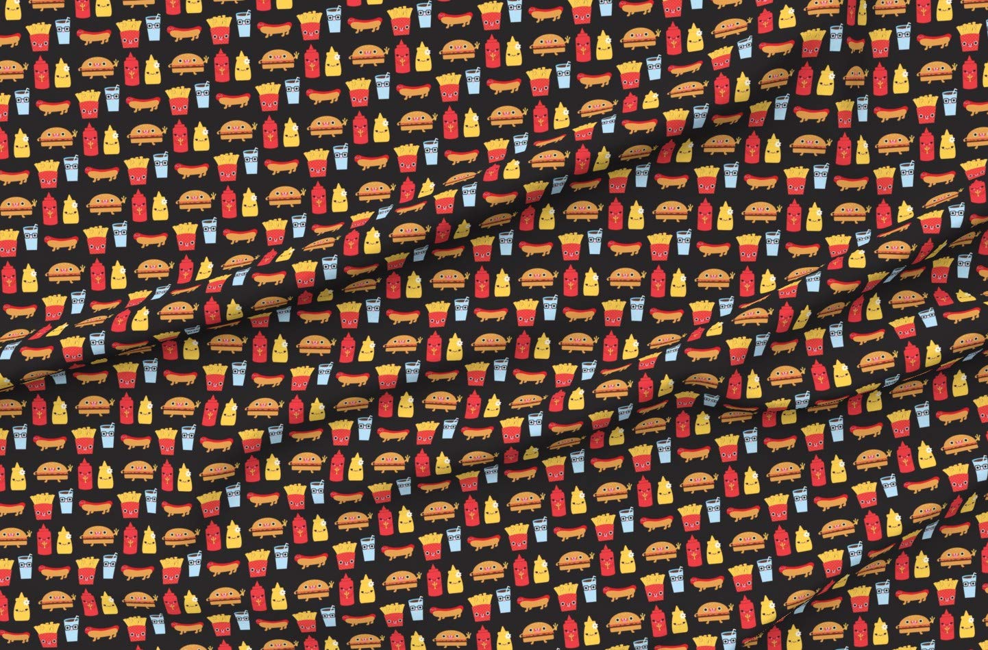 Cute Hamburger French Fries Food Soda Kawaii Faces Printed Cotton Fabric - Spoonflower Petal Signature Cotton Fat Quarter for Sewing, Quilting, Apparel & Crafts - Perfect for DIY Home Decor, Baby Clothes & Kawaii Fashion Accessories