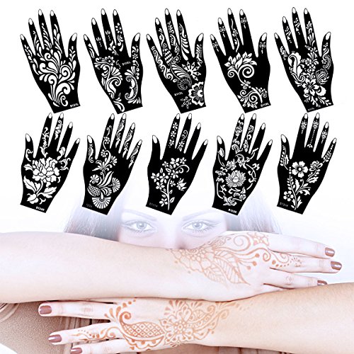 10 Sheets Henna Tattoo Stencils - Reusable Temporary Body Art Stickers for Hands, Indian & Arabian Style Designs - Perfect for Parties, Weddings & Festivals