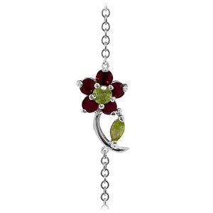 0.87 Carat 14K Solid White Gold Flower Bracelet with Ruby & Peridot Gemstones - Elegant Jewelry Gift for Women, Perfect for Weddings, Anniversaries and Special Occasions