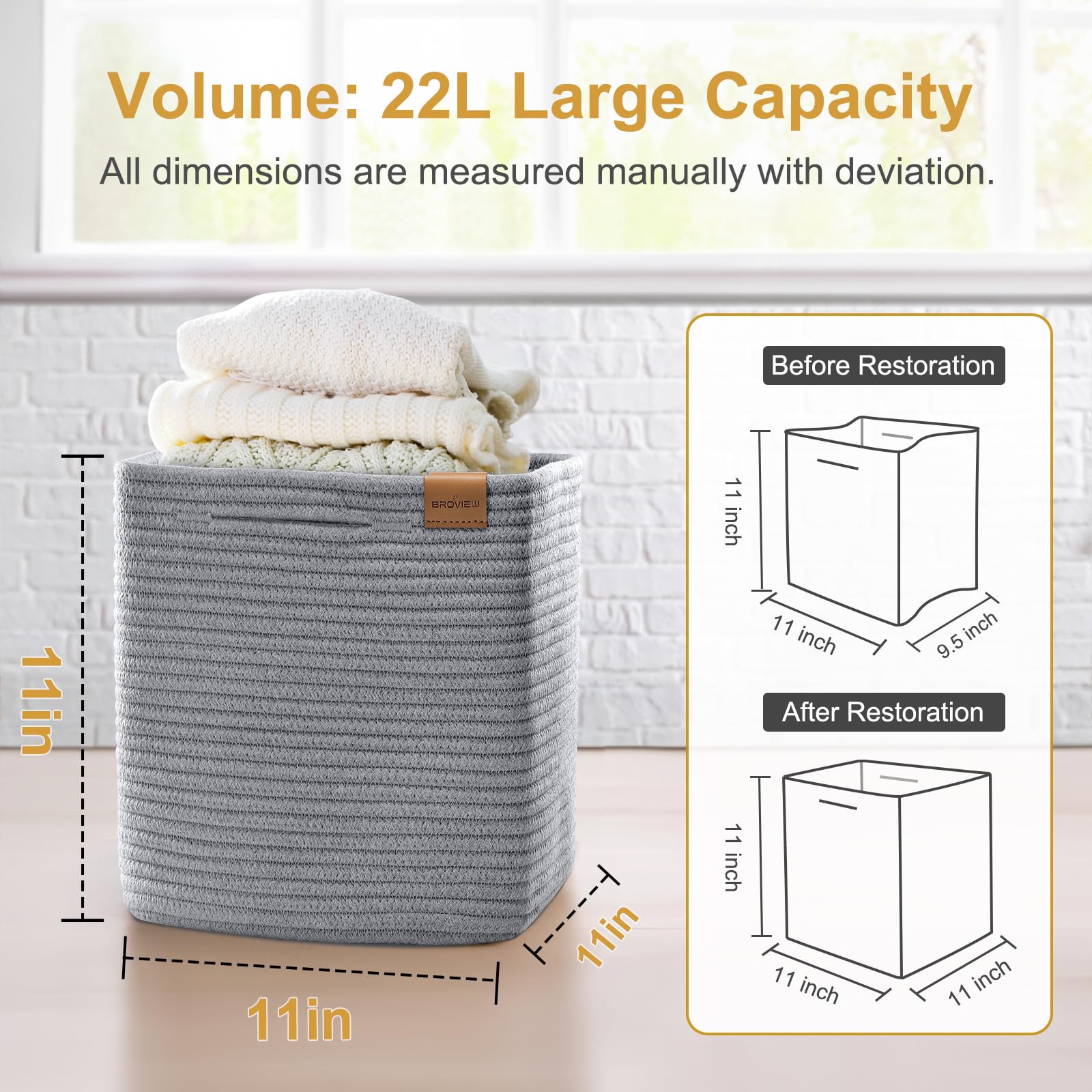 11 Inch Woven Storage Cubes - 3 Pack Cotton Rope Baskets for Shelves, Closet & Toy Organization | Kids Room, Nursery & Classroom Storage Solutions | Light Grey Home Decor Bins