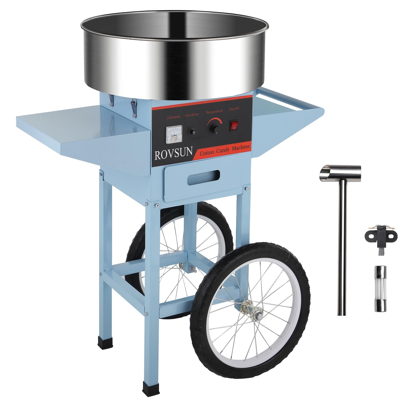 ROVSUN 21 Inch Commercial Cotton Candy Machine Cart with Stainless Steel Bowl - Candy Floss Maker with Sugar Scoop & Large Storage Drawer - Perfect for Home Parties, Carnivals, Fairs & Events (Blue)