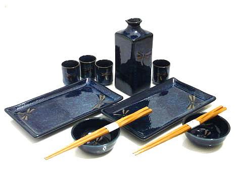 Premium Japanese Sushi Set - 11-Piece Blue Dragonfly Ceramic Sushi Plates & Sake Set | Authentic Handcrafted Dinnerware for Sushi Lovers, Japanese Cuisine & Asian-Themed Dinner Parties