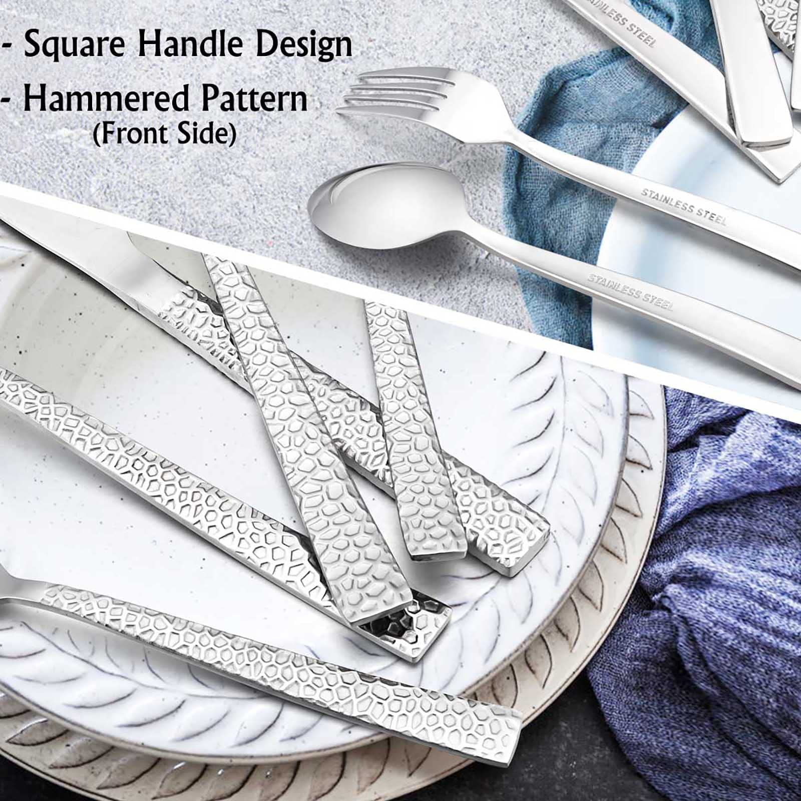 Premium 30-Piece Hammered Stainless Steel Flatware Set for 6 - Modern Square Design Mirror Polished Cutlery Set with Dinner Knives, Forks & Spoons - Dishwasher Safe - Perfect for Formal Dining, Wedding Gifts & Restaurant Use