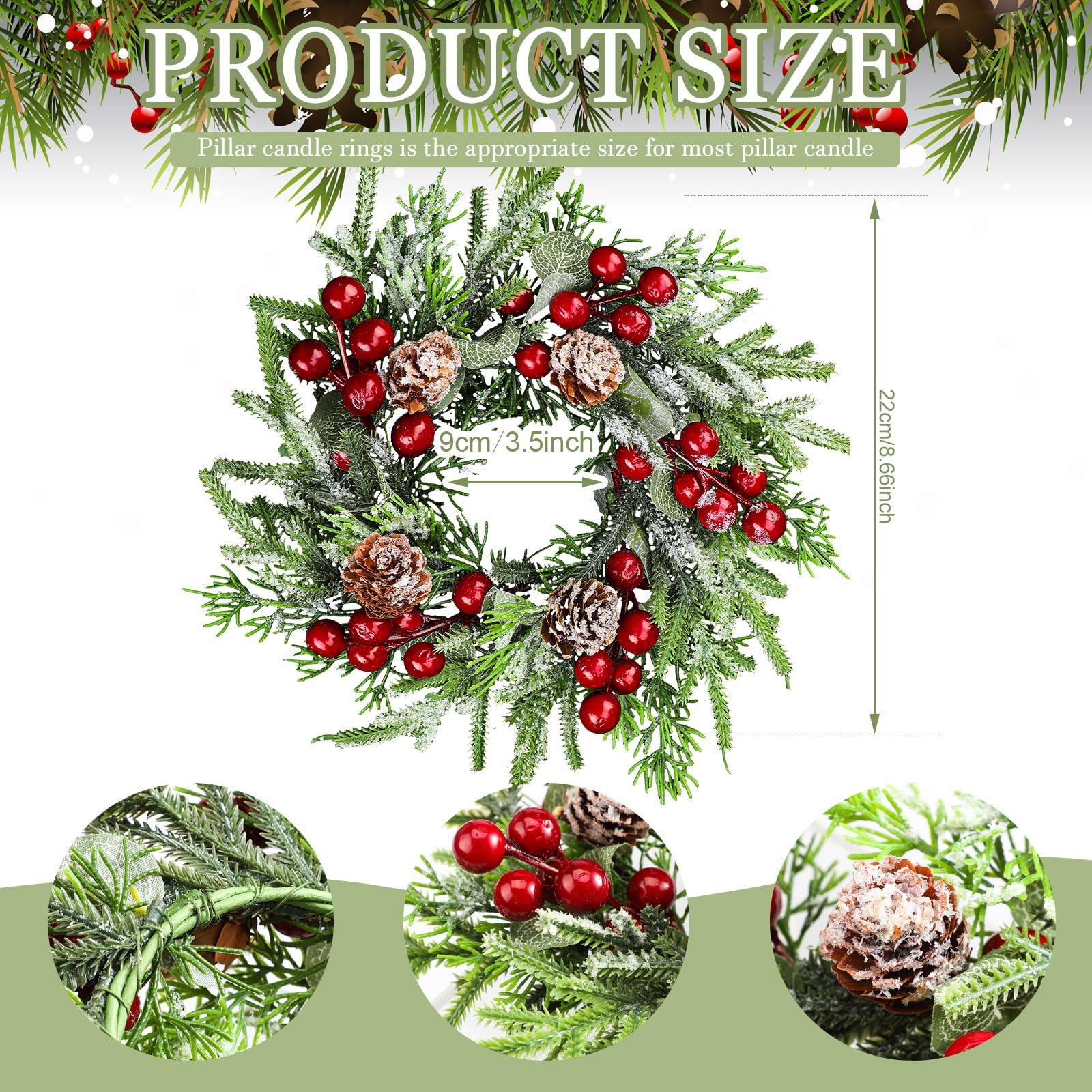 Lyrow 24 Pcs Christmas Candle Rings - Norfolk Pine Garland with Red Berries & Pinecones, Artificial Snowy Wreath for Candle Holders - Perfect for Christmas Decor, Wedding Centerpieces, and Holiday Table Decorations