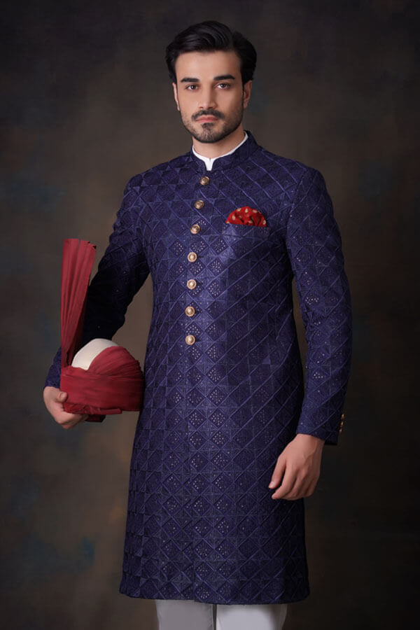 Jashan Midnight Blue Embroidered Sherwani Set for Men | Traditional Indian Wedding Outfit | Perfect for Groom, Festivals & Special Occasions