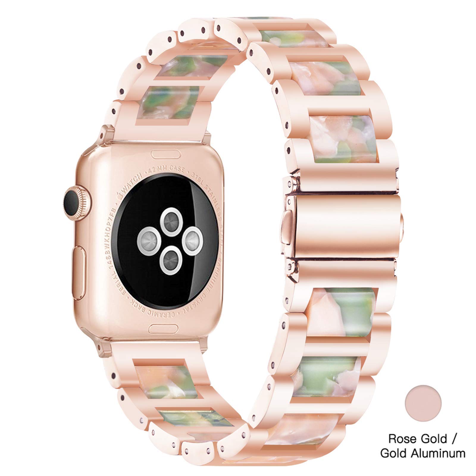 Luxury Resin & Stainless Steel Apple Watch Band for Women - Comfortable, Lightweight iWatch Strap Compatible with Series 9/8/7/SE/6/5/4/3/2/1 (Rose-Pink Green, 38mm/40mm/41mm) - Perfect for Workouts, Office & Everyday Fashion