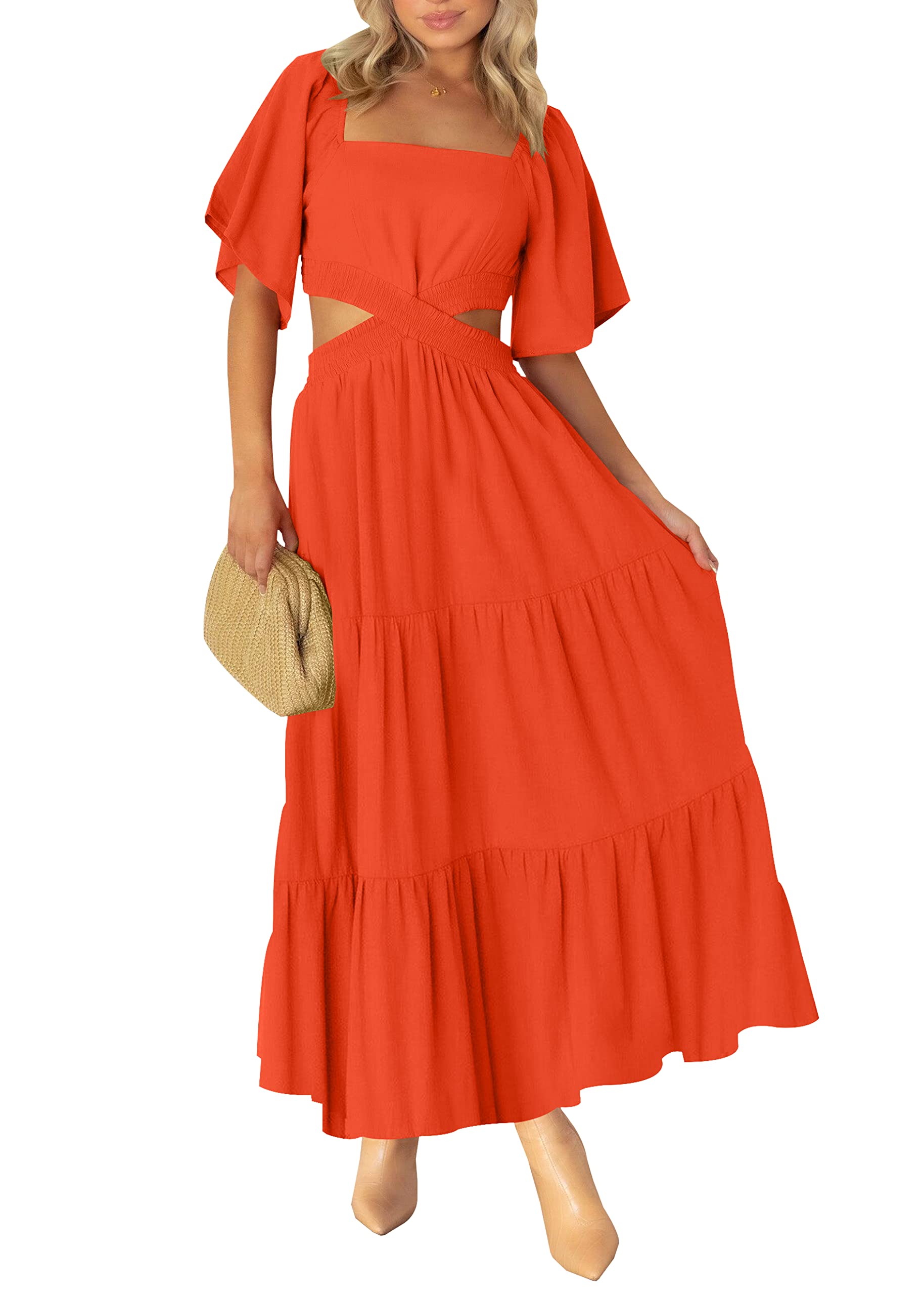 LEANI Women's 2025 Summer Cutout Maxi Dress - Square Neck Short Sleeve Crossover Waist Flowy Beach Dress for Casual Wear, Party & Vacation