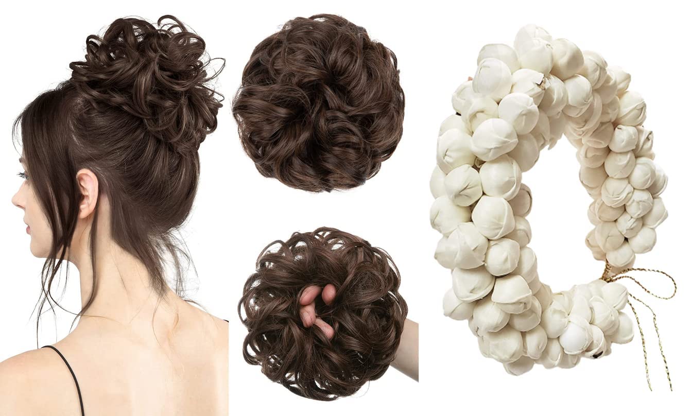 TWIREY Artificial Jasmine Mogra Flower Hair Gajra with Synthetic Hair Bun Extension Set - Realistic Hair Accessories for Women | Perfect for Weddings, Parties & Traditional Indian Hairstyles