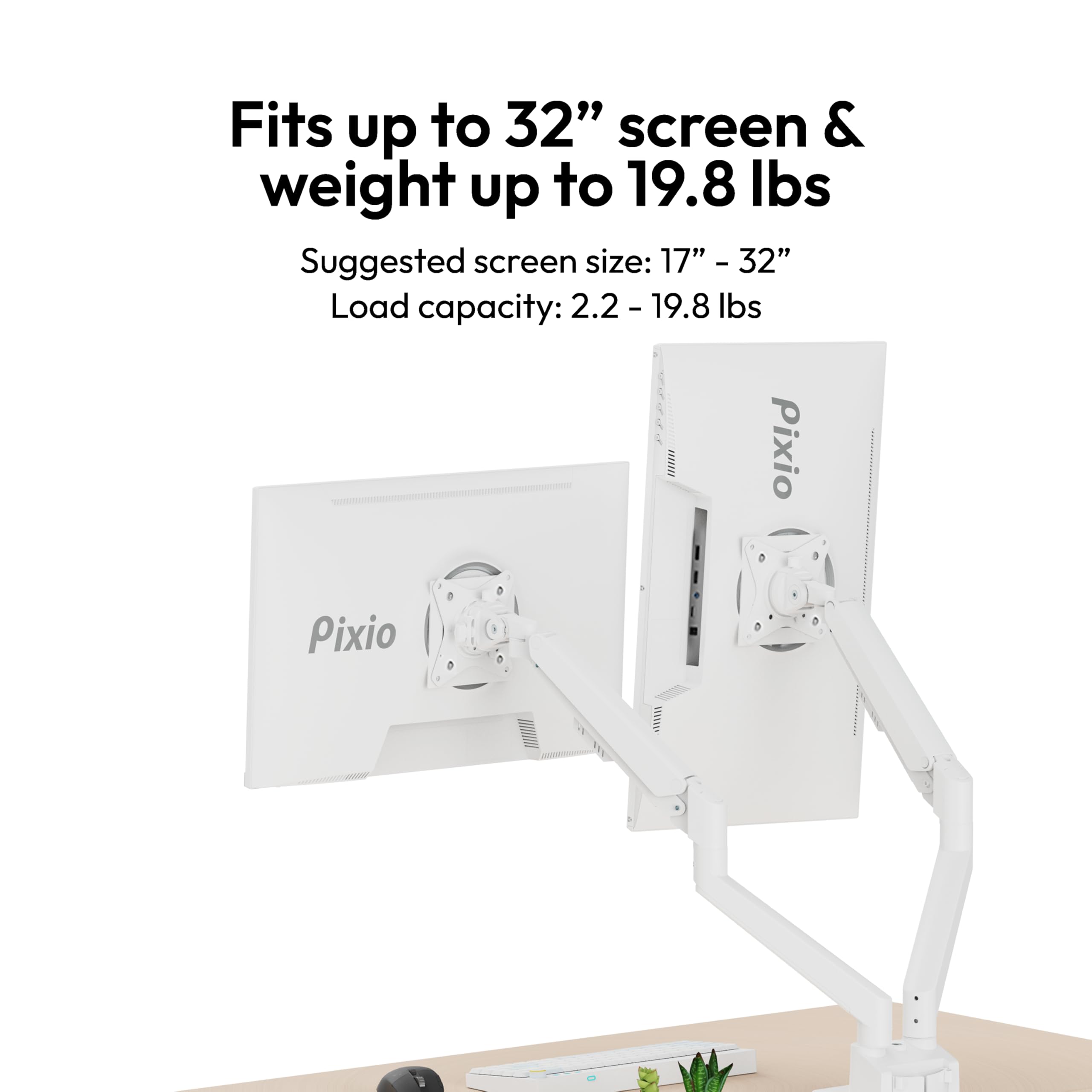 Pixio PS1D Wave White Dual Monitor Arm Stand - Adjustable Desk Mount for 13-32 inch Screens (19.8lbs Capacity), VESA 75x75/100x100 Compatible with Cable Management - Perfect for Home Office, Gaming & Workspace Setup