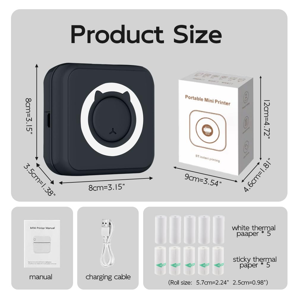 Bluetooth Mini Sticker Printer - Portable Thermal Photo Printer for iPhone, Smart Note Buddy with 10 Rolls Thermal Paper - Perfect for Journaling, Scrapbooking, DIY Crafts & Instant Memos