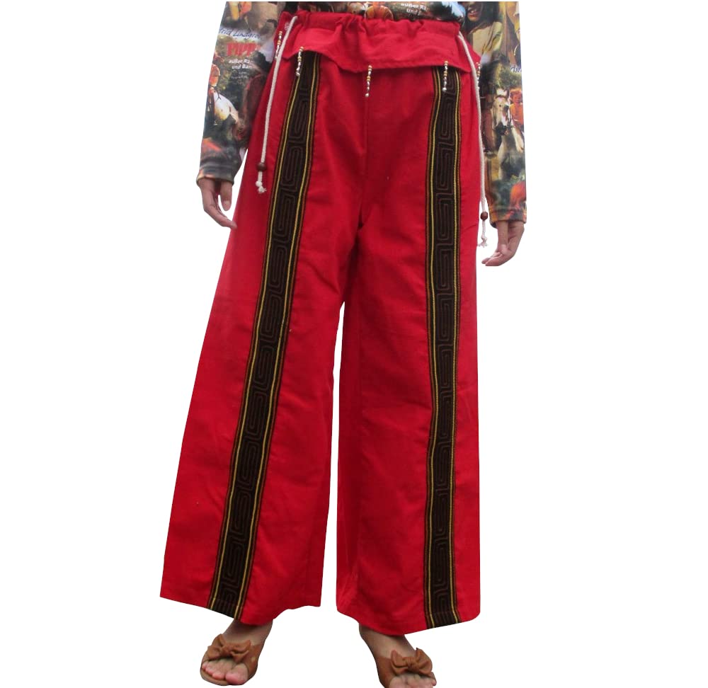 RaanPahMuang Traditional Thai Cotton Dance Pants - Grain Line Waist Flap Straight Leg Design for Cultural Performances & Yoga Practice
