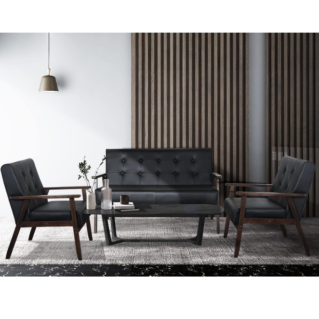 Premium Black Faux Leather Sofa Set - 2 Accent Chairs & 1 Loveseat | Mid-Century Modern Living Room Furniture for Small Spaces, Office Waiting Areas & Home Decor | Durable & Stylish Seating Solution