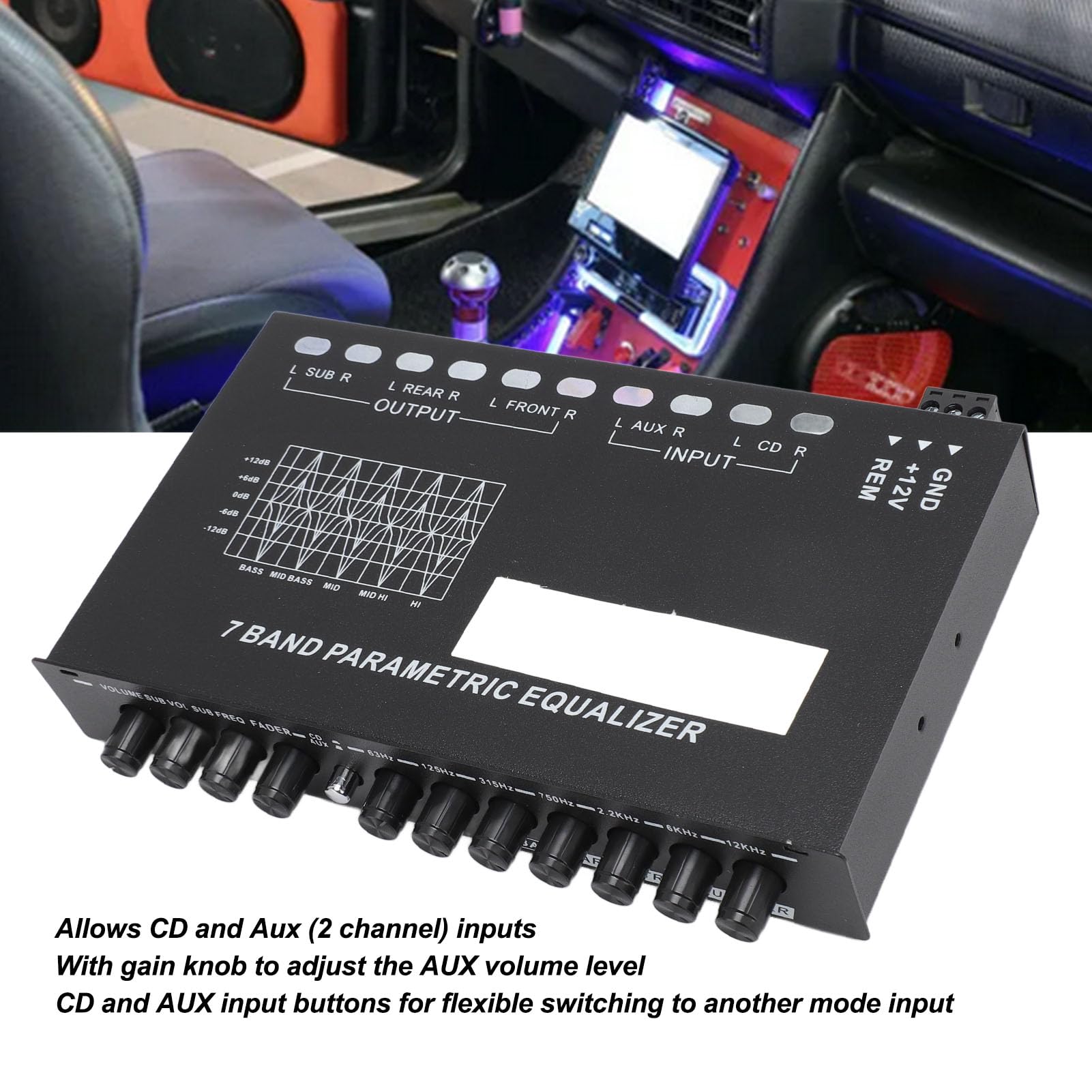 MOUMOUTEN 7-Band Car Audio Equalizer with CD/AUX Input - Adjustable Graphic Sound Equalizer for Front, Rear & Subwoofer Output - Perfect for Cars, Boats, RVs & Home Stereo Systems