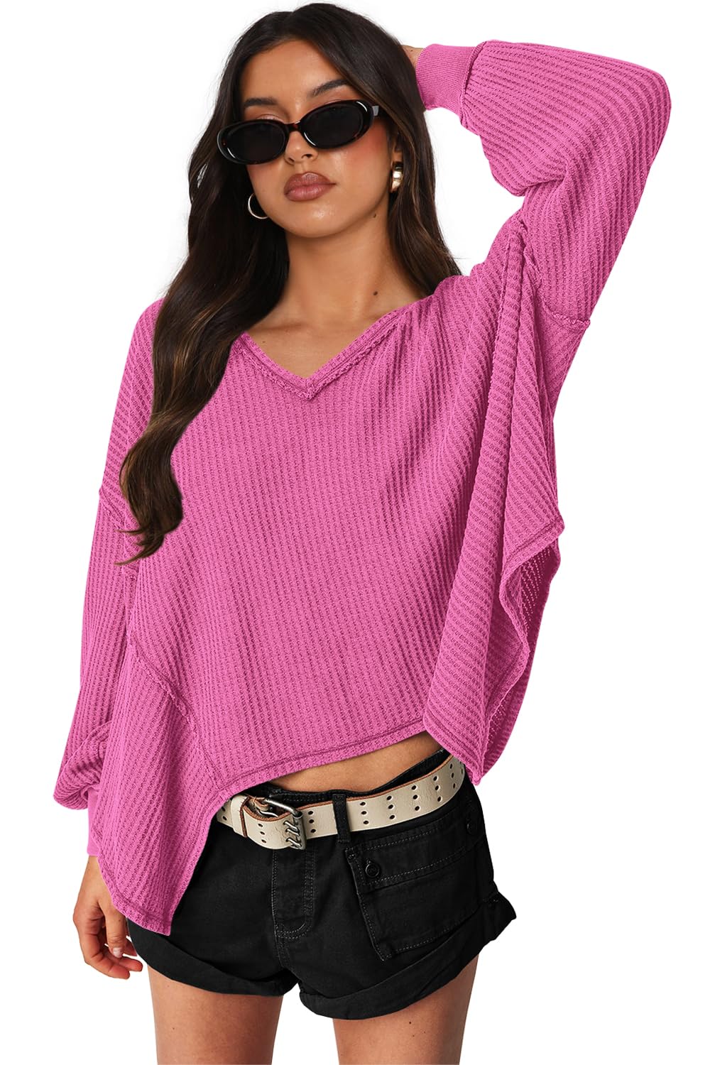 LAMISSCHE Women's Oversized V-Neck Waffle Knit Long Sleeve Thermal Tunic Top - Batwing Sweater Blouse for Workout, Lounge & Casual Wear