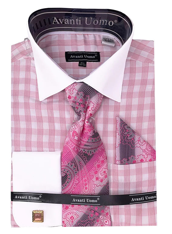 Stylish Pink Checkered Dress Shirt Set with Cuffs - Perfect for Office Wear, Business Meetings & Formal Occasions
