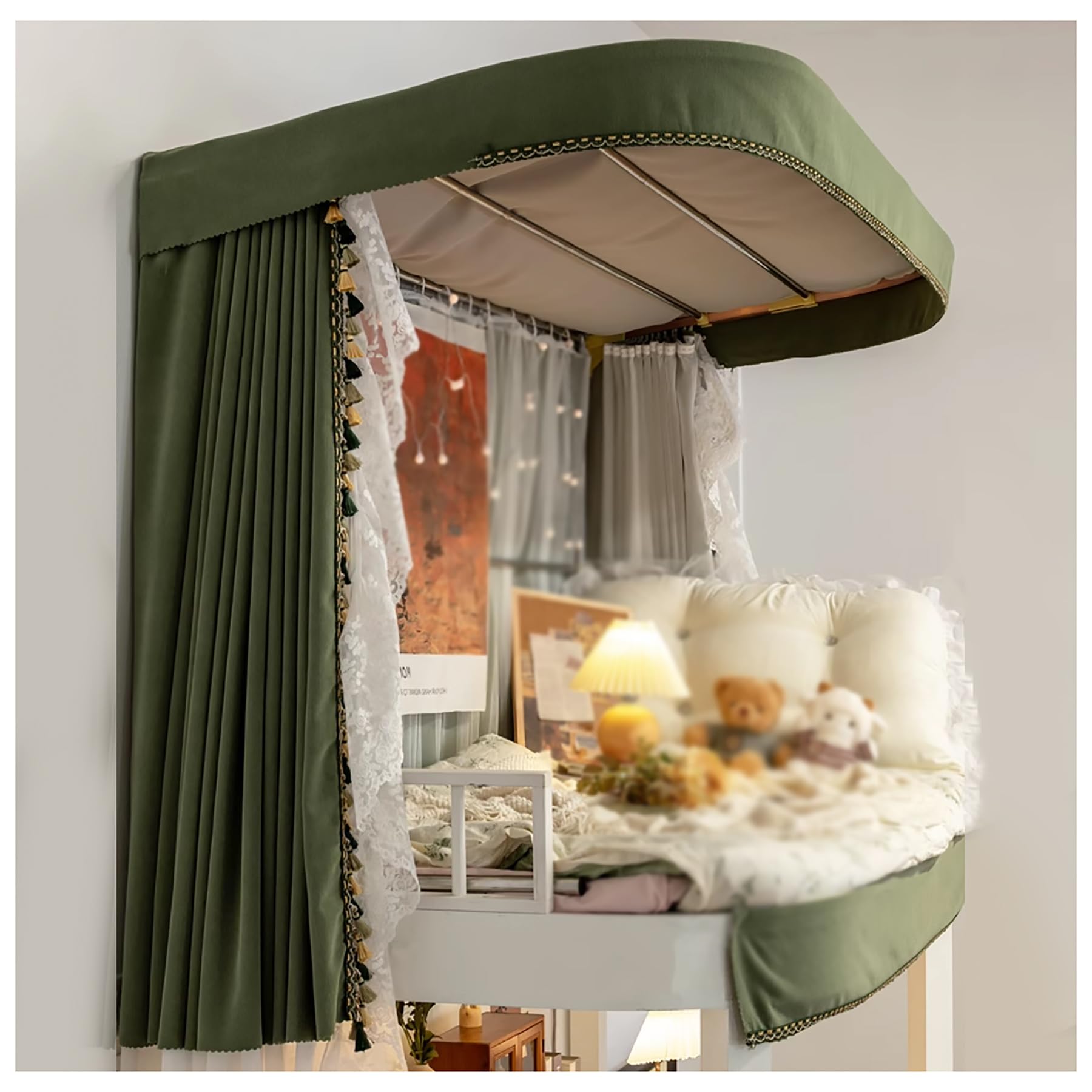 Student Dorm Bed Privacy Canopy Curtains - Twin Size Top Bunk Bed Tent Cover with U-Shaped Frame, Poles & Bracket (59 Inch) - Perfect for College Dorms, Kids Rooms & Sleep Privacy