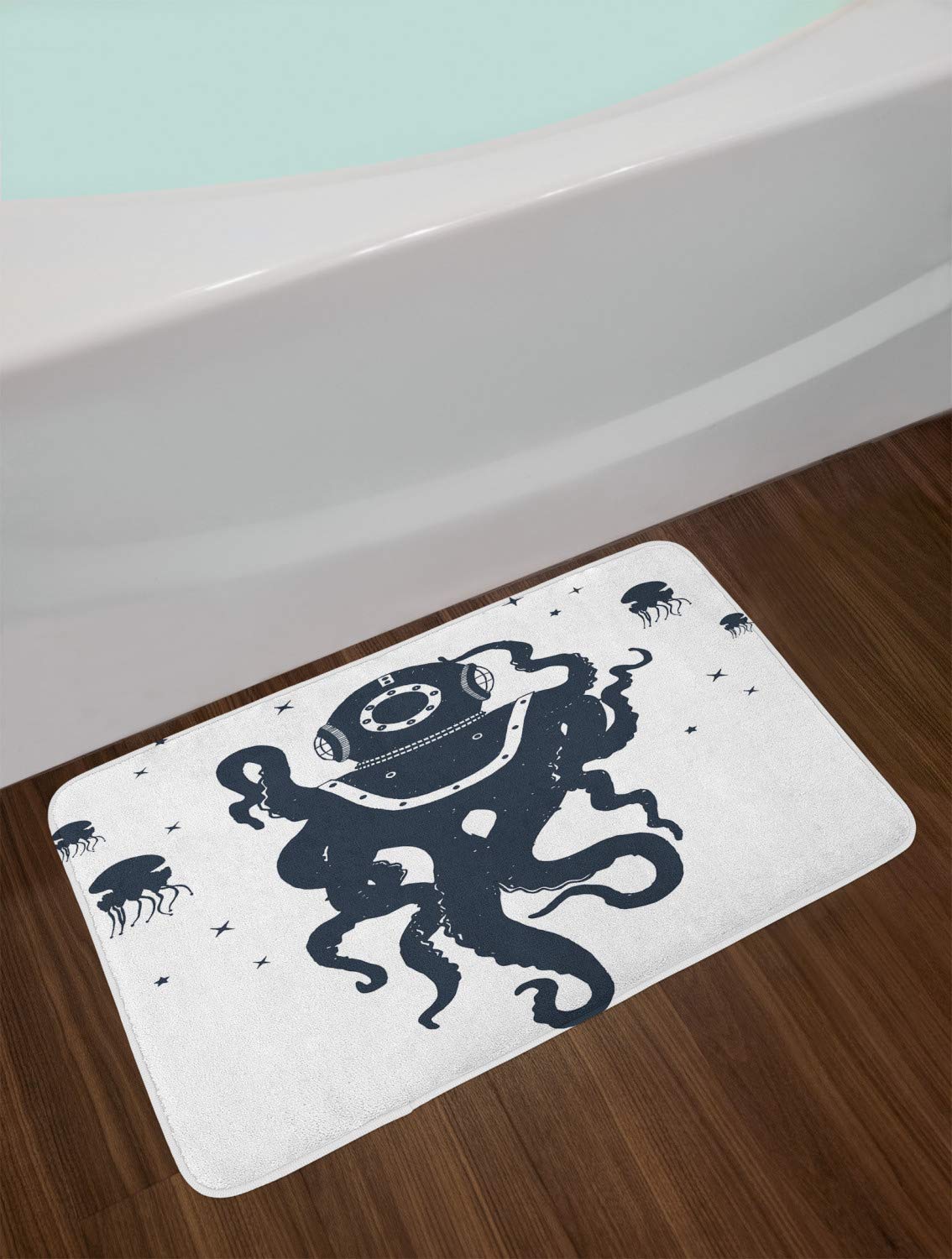 Ambesonne Vintage Nautical Tattoo Bath Mat - Octopus & Jellyfish in Astronaut Costume Design, Non-Slip Plush Bathroom Rug, 30.2x20 Inches, Dark Violet Blue White - Perfect for Coastal, Beach House or Nautical Theme Bathrooms