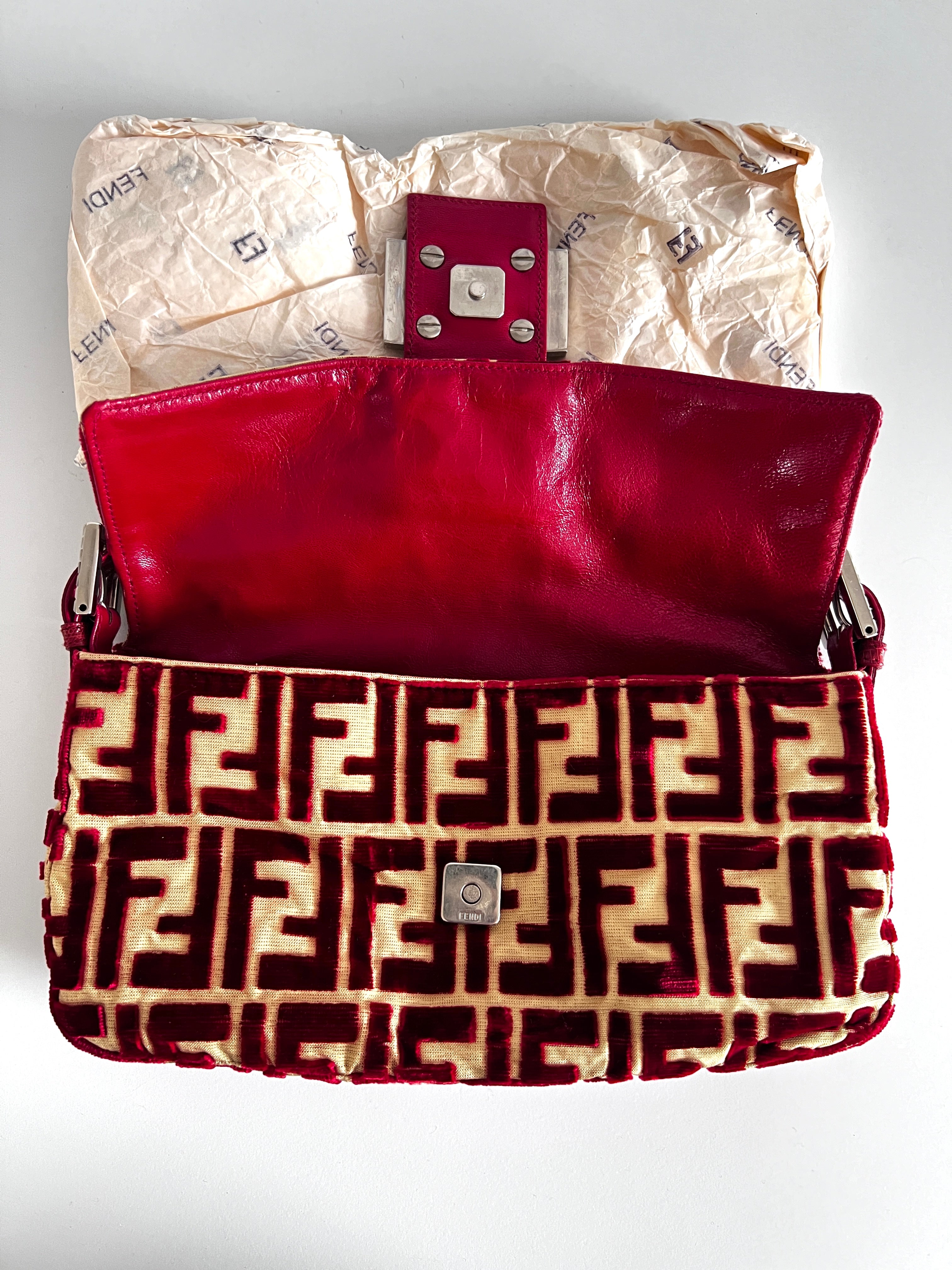 Vintage 1997 Fendi Red Silk Velvet Baguette Bag - Rare Designer Handbag for Women | Perfect for Evening Parties, Weddings & Special Occasions