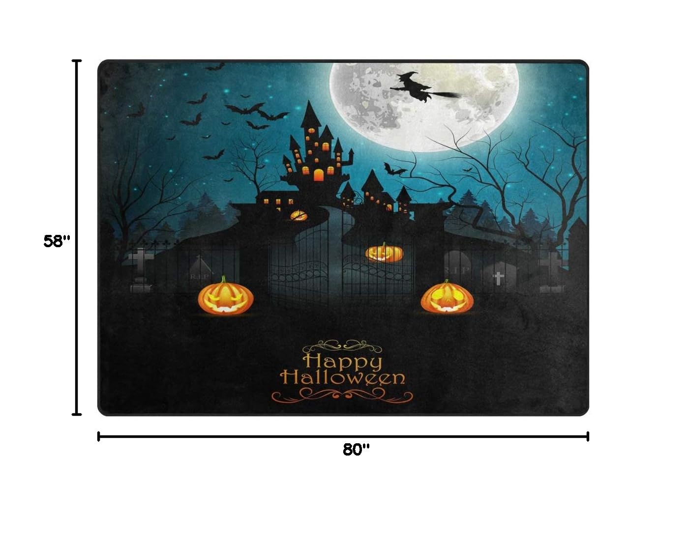 Happy Halloween Pumpkin Castle Moon Witch Tree Area Rug - 7' x 5' Halloween Decor Rug for Living Room, Bedroom, Dorm - Spooky Holiday Home Decor & Party Decoration