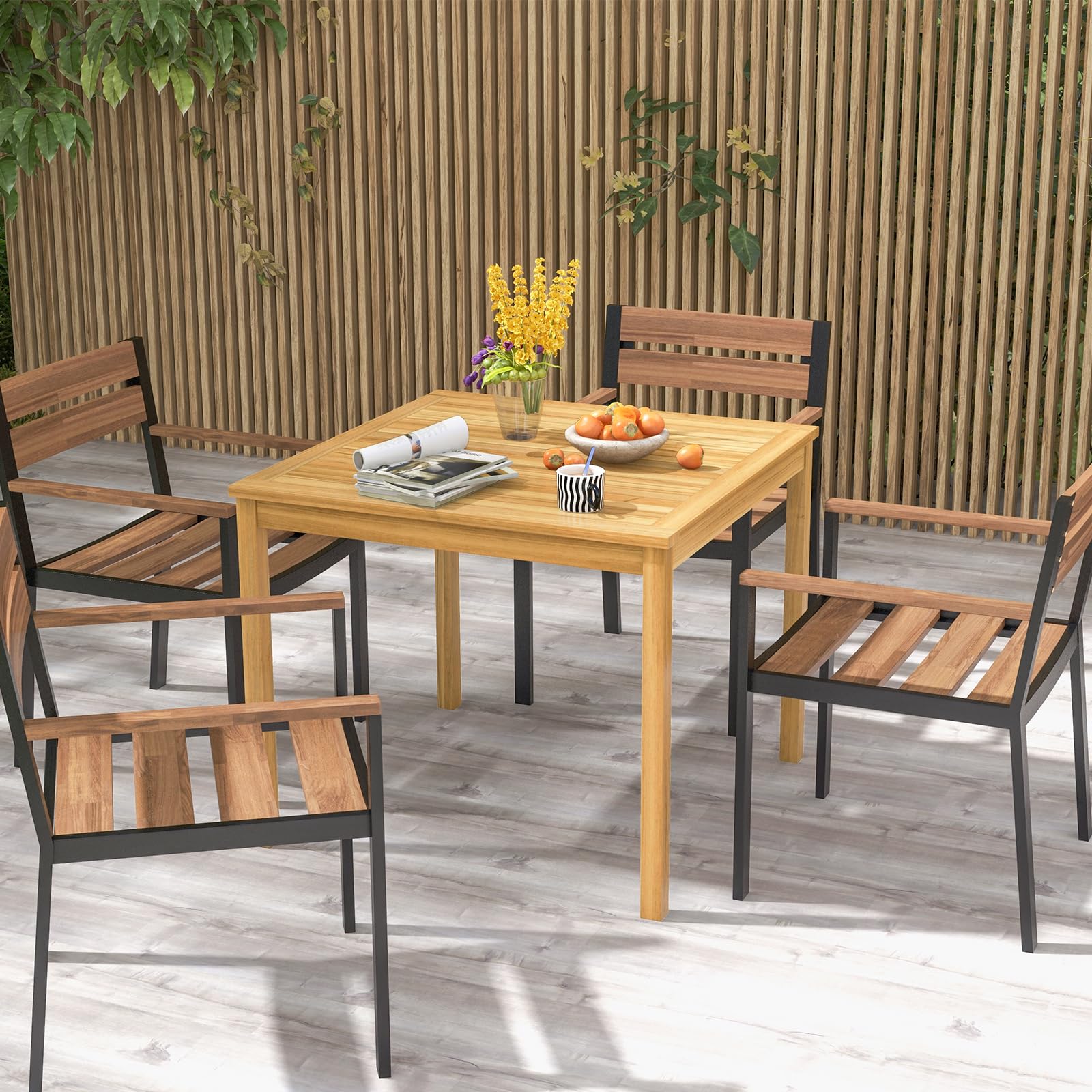 Tangkula 4-Person Square Outdoor Dining Table - Acacia Wood Patio Table with 1.9