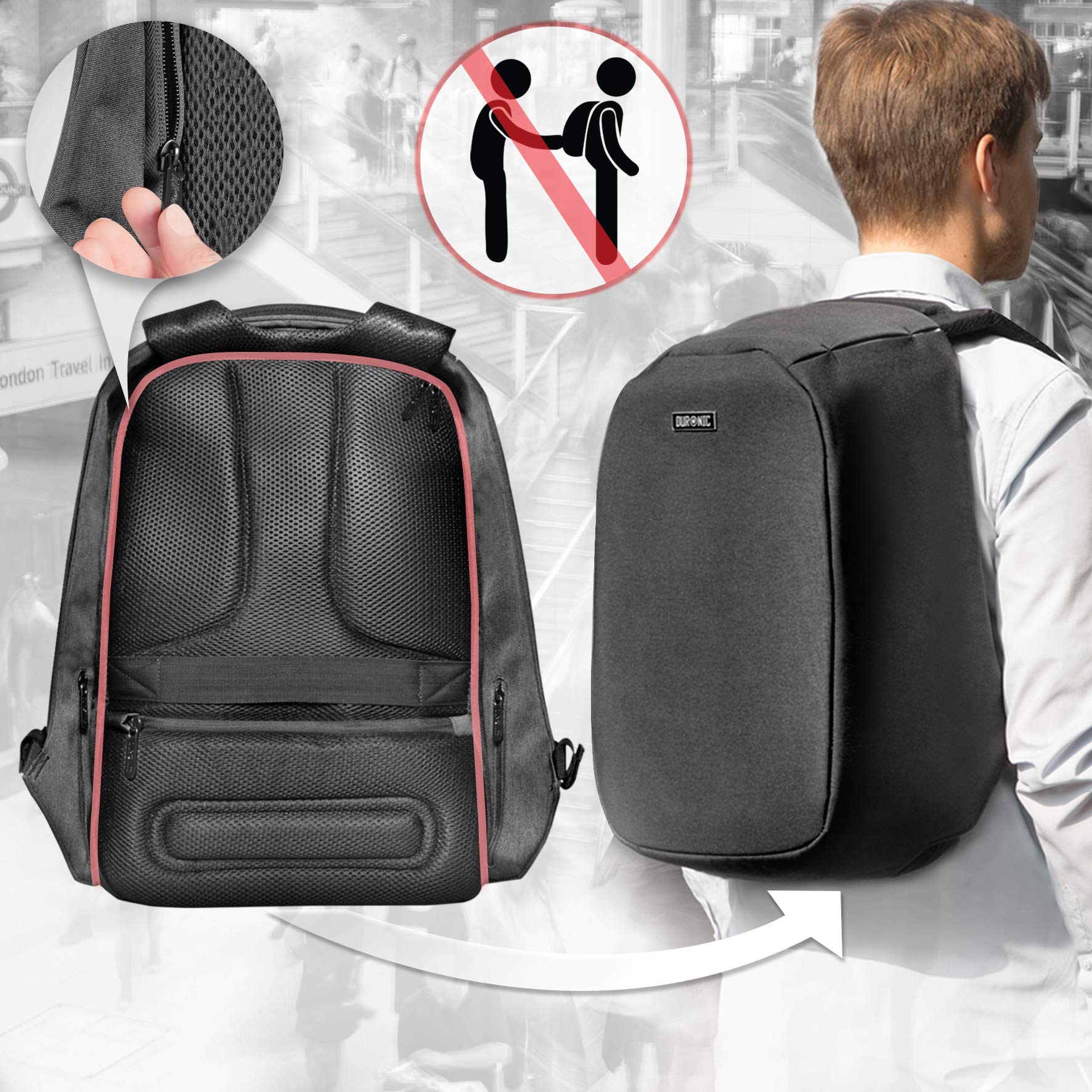 Duronic Anti-Theft Lightweight Laptop Backpack 15.6 Inch - Water Resistant Travel, Business & School Computer Bag for Women & Men - Perfect for Commuting, College, Gym & Daily Use