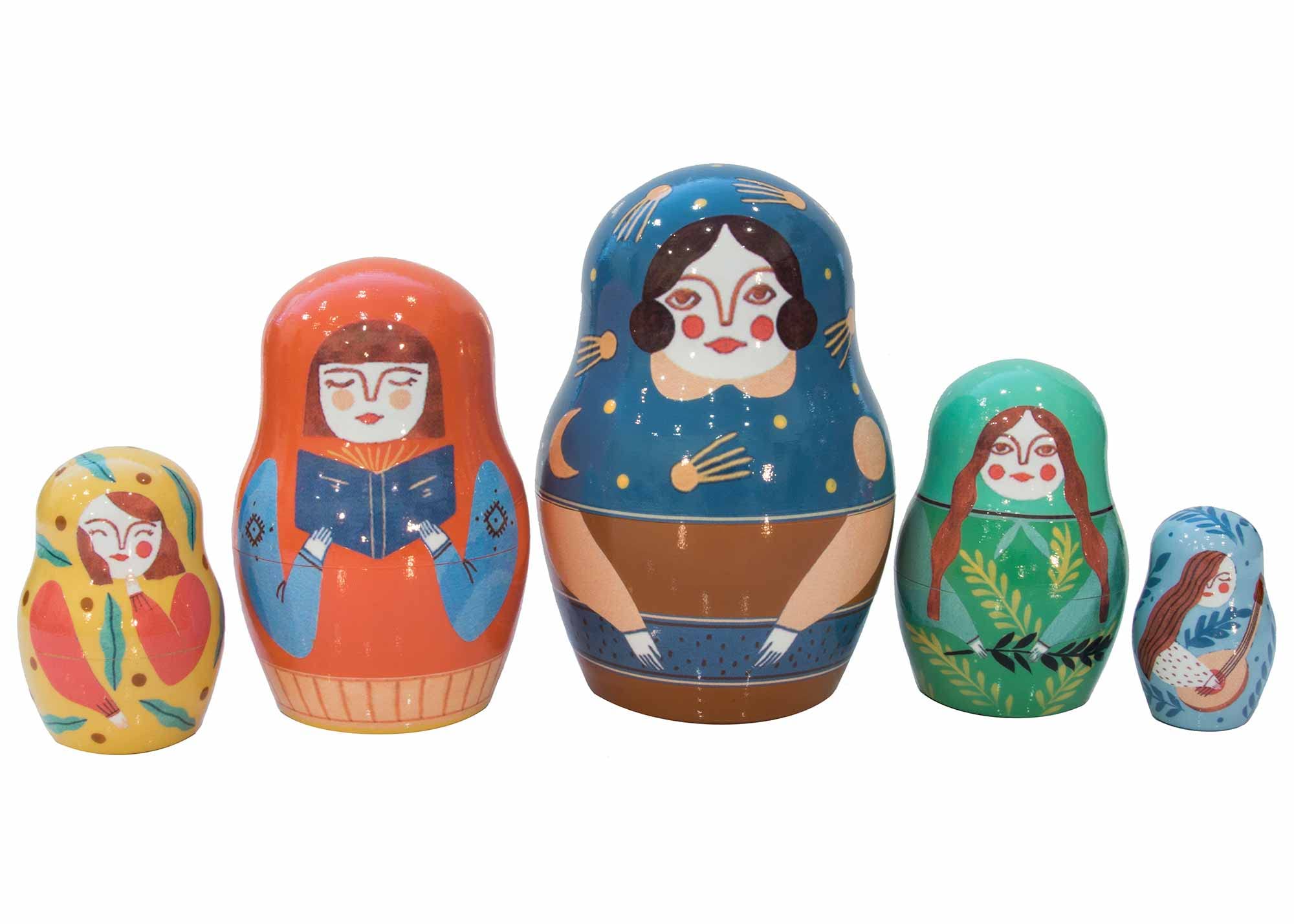 Golden Cockerel Five Sisters Russian Nesting Dolls 5-Piece Set (5 Inches) - Traditional Matryoshka Babushka Dolls Inspired by The Book Five Sisters - Perfect for Home Decor, Gift Giving, and Cultural Collectibles