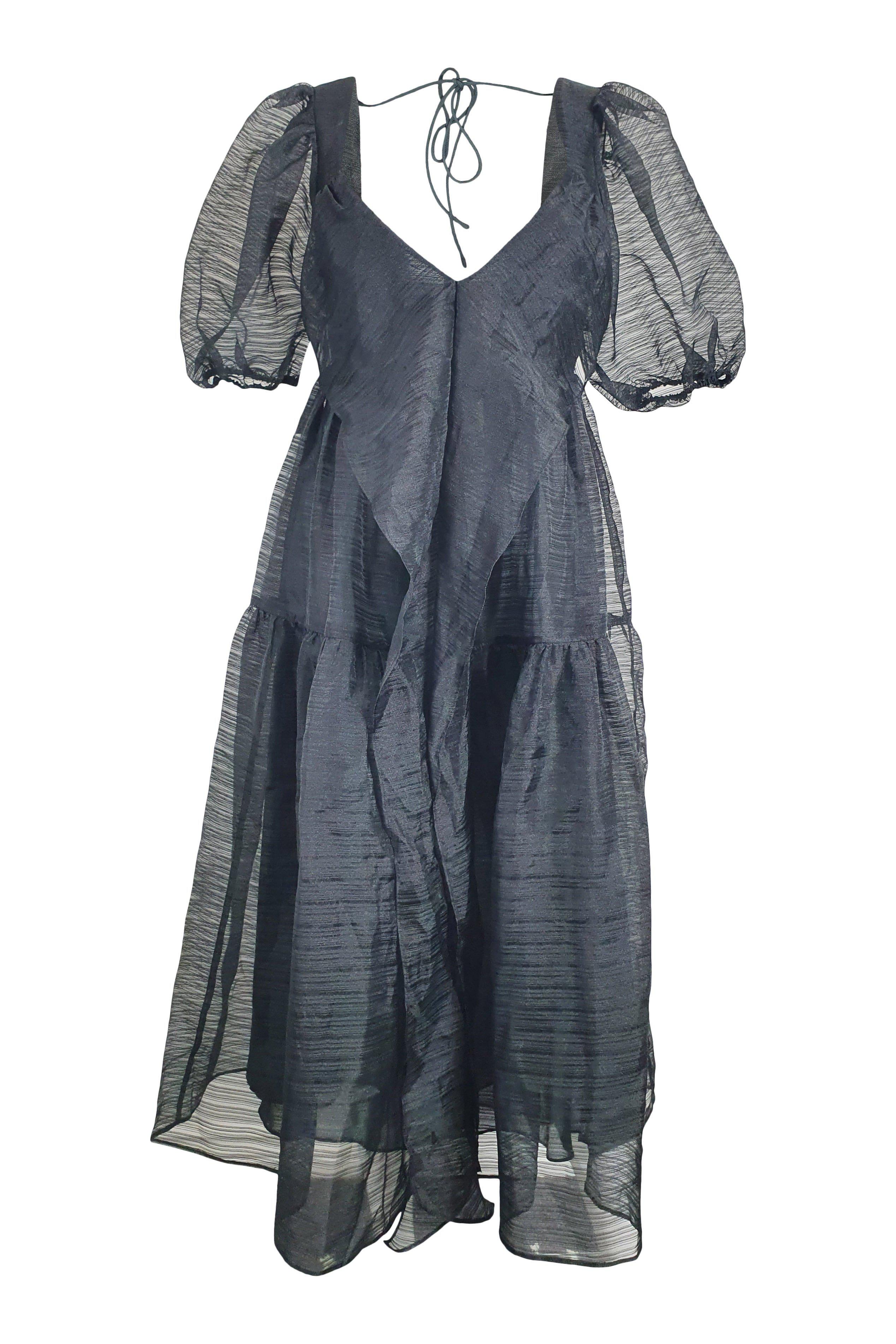 Free People Black Organza Puff Sleeve Midi Dress for Women | Size US 2 (UK 6) | Elegant Party, Wedding Guest & Special Occasion Outfit