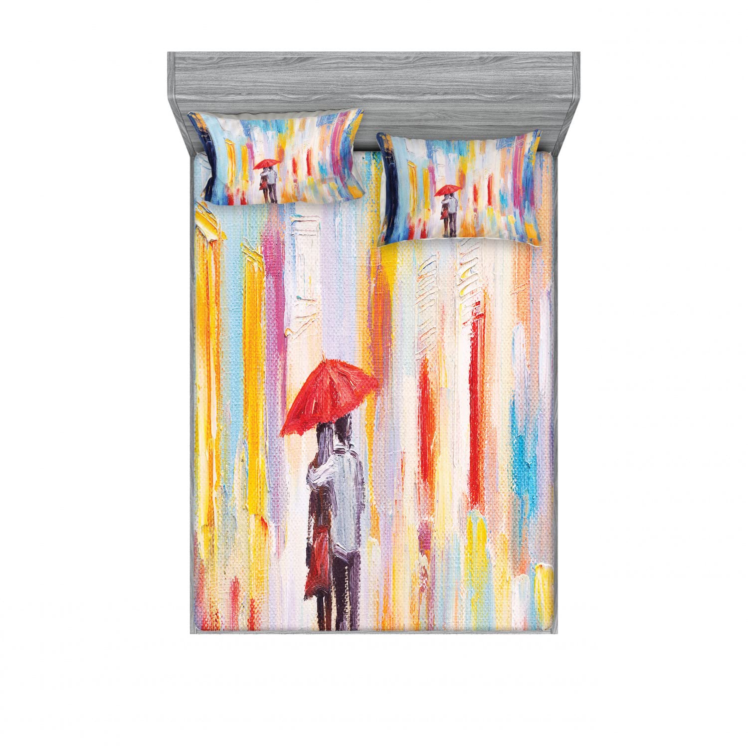 Ambesonne Romantic 2-Pack Queen Size Fitted Sheet & Pillow Sham Set - 4 Piece Bedding Set with Artistic Painting Design, Multicolor Floral Pattern - Perfect for Master Bedroom, Guest Room & Vacation Home Decor
