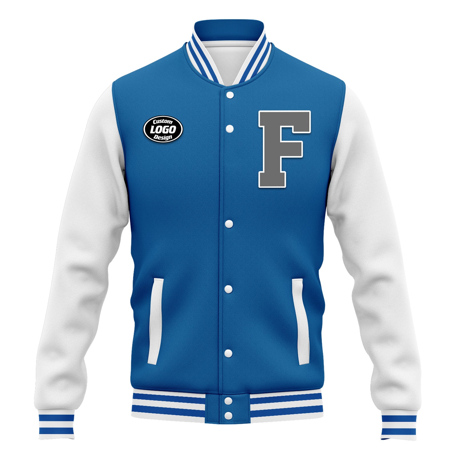 Custom Blue & White Varsity Letterman Jacket - Personalized Bomber Jacket with Full Snap Closure (FZ005 D020255) | Perfect for High School Sports, Graduation Gifts & Casual Fashion