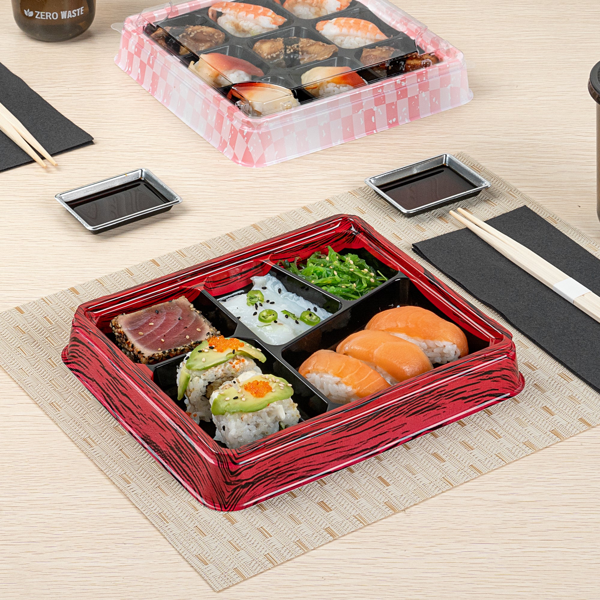 Bento Tek 18 oz Rectangle Red and Black Plastic Bento Box with 5 Compartments - 9.25