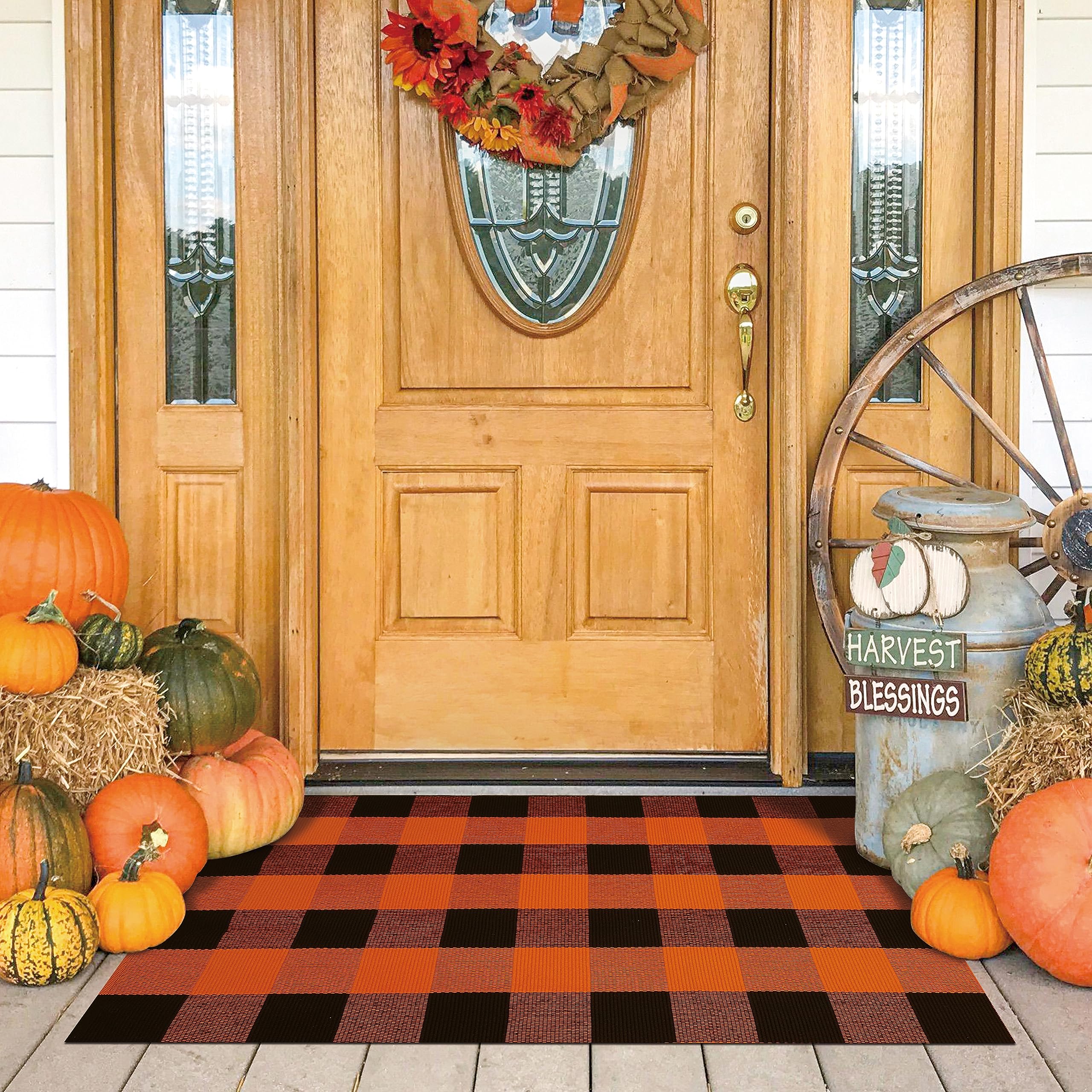 KOZYFLAY Buffalo Plaid Rug 27.5x43 Inches - Orange & Black Checkered Washable Cotton Rug for Halloween & Fall Decor - Farmhouse Style Door Mat for Front Porch, Entryway, Outdoor Entrance & Indoor Use
