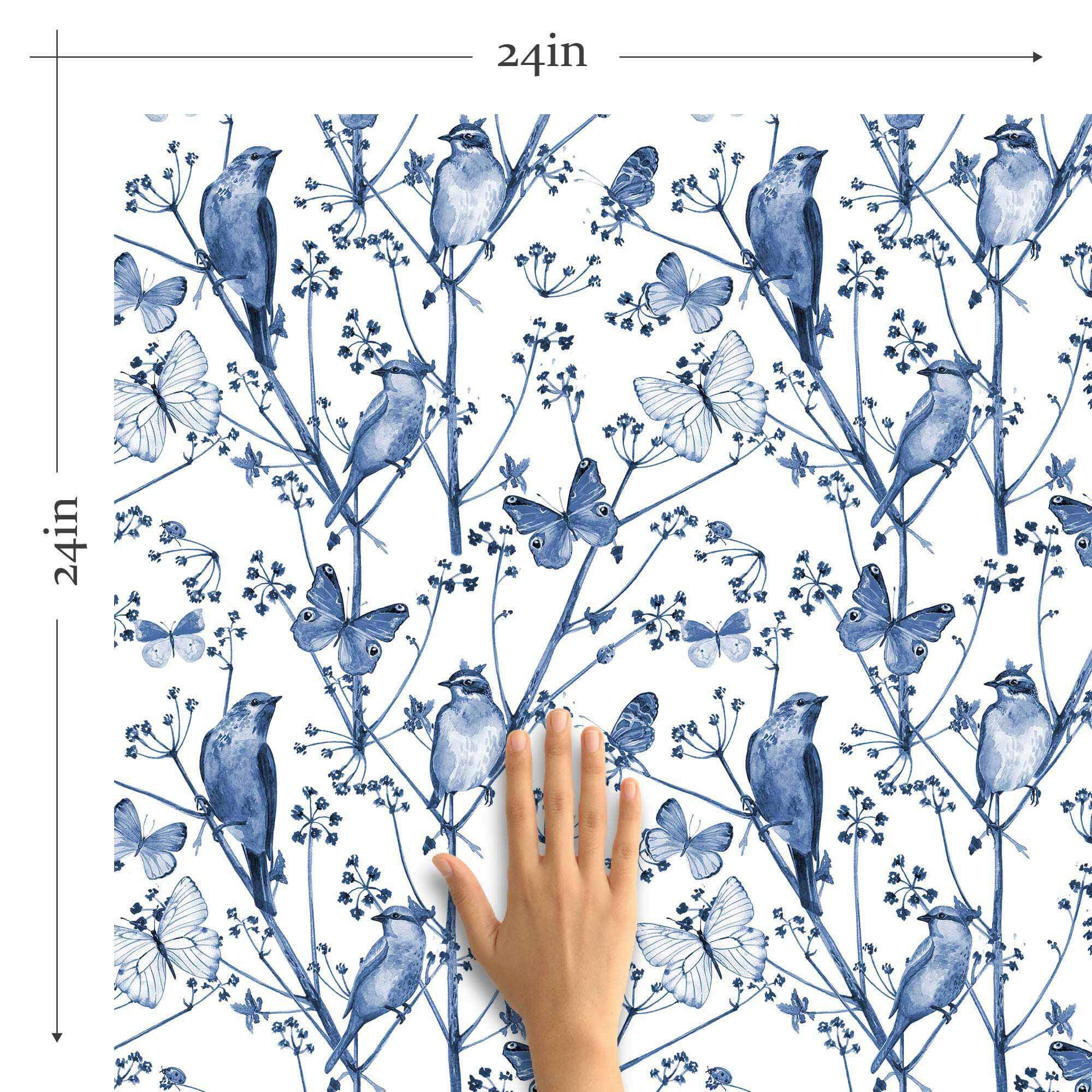 Blue Birds Peel and Stick Removable Wallpaper - Self-Adhesive Decorative Wall Covering for Bedroom, Nursery, Living Room & Home Decor - Easy to Install & Remove - Pattern 5094