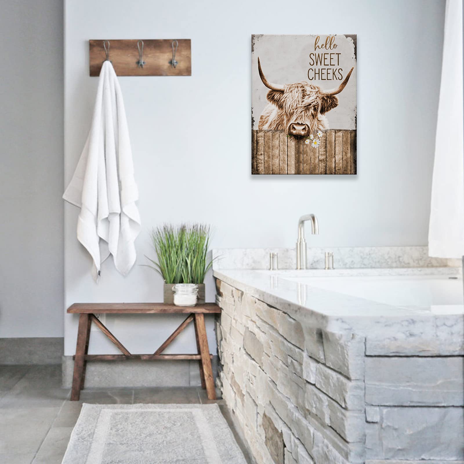 Funny Highland Cow Wall Art - Rustic Farmhouse Bathroom Decor, Country Cattle Painting Canvas Print (12x16 Inch Framed) for Office, Bedroom, Kitchen & Dining Room - Perfect for Farmhouse & Country Style Home Decor
