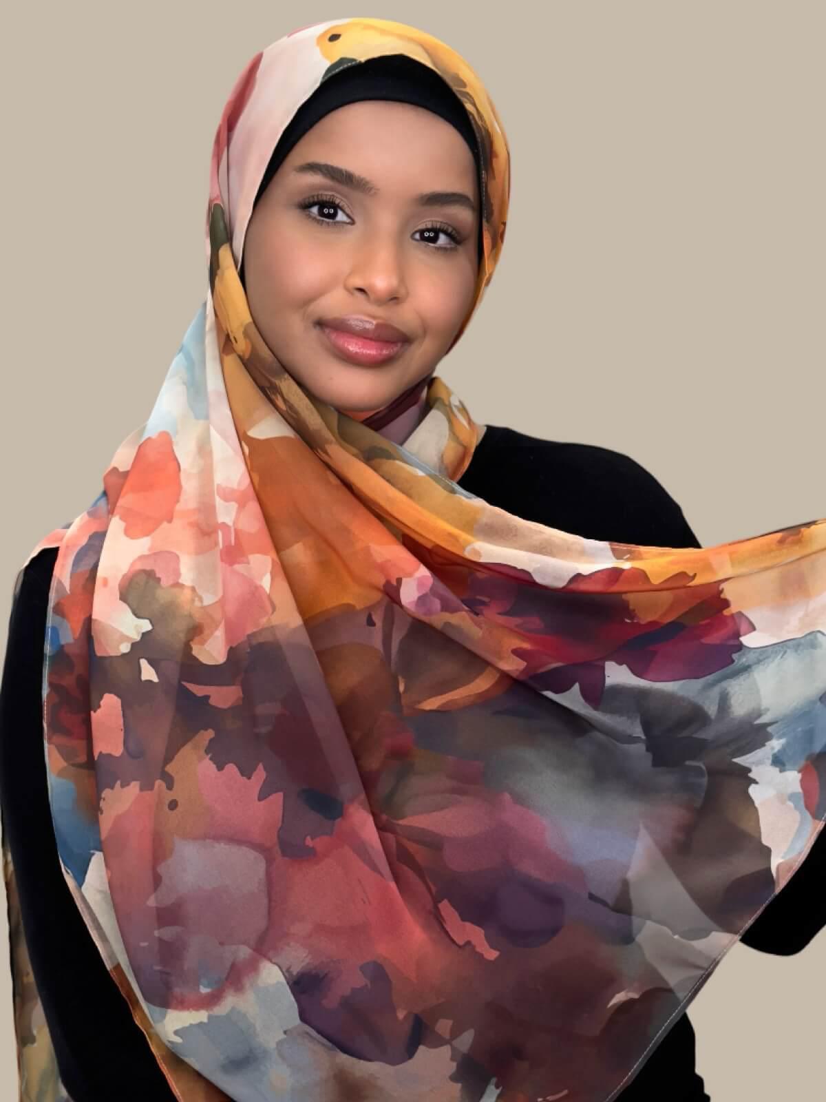 Printed Chiffon Hijab Sienna Petals - Lightweight Muslim Scarf for Women - Perfect for Prayer, Modest Fashion, and Everyday Wear