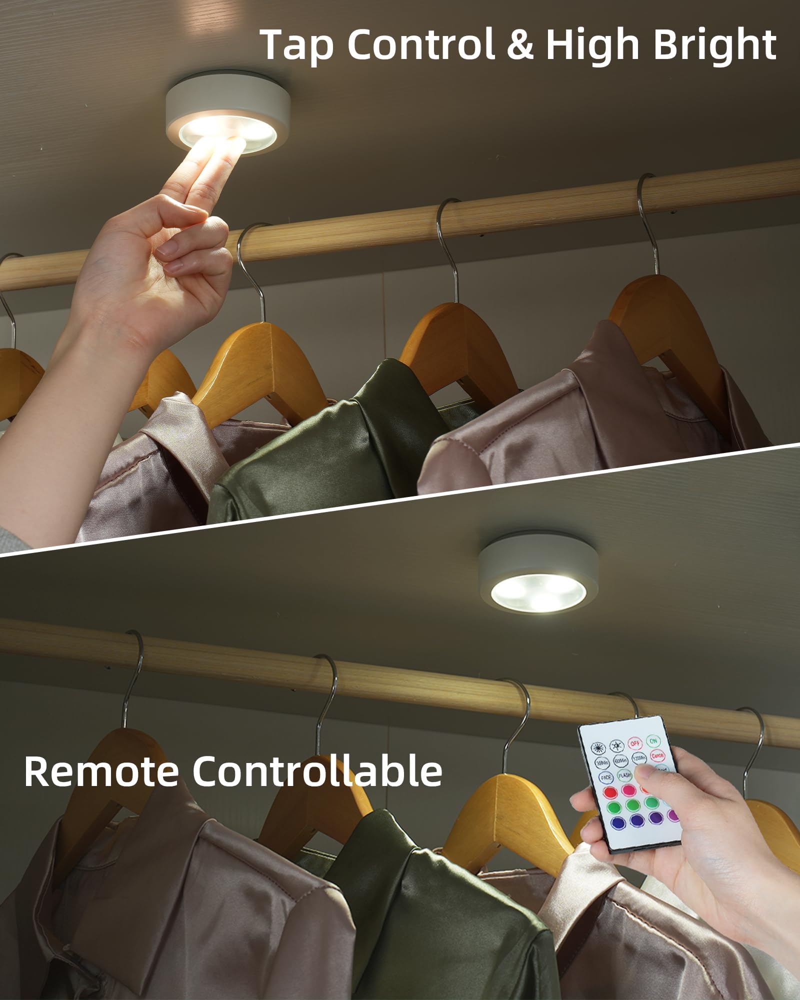 EZVALO Rechargeable Puck Lights with Remote - 1200mAh RGB LED Wireless Closet Lighting, Under Cabinet Lights, Stick-On Lights for Kitchen, Closet, Pantry, Shelves (6 Pack) - Perfect for Home, Office, and Commercial Spaces
