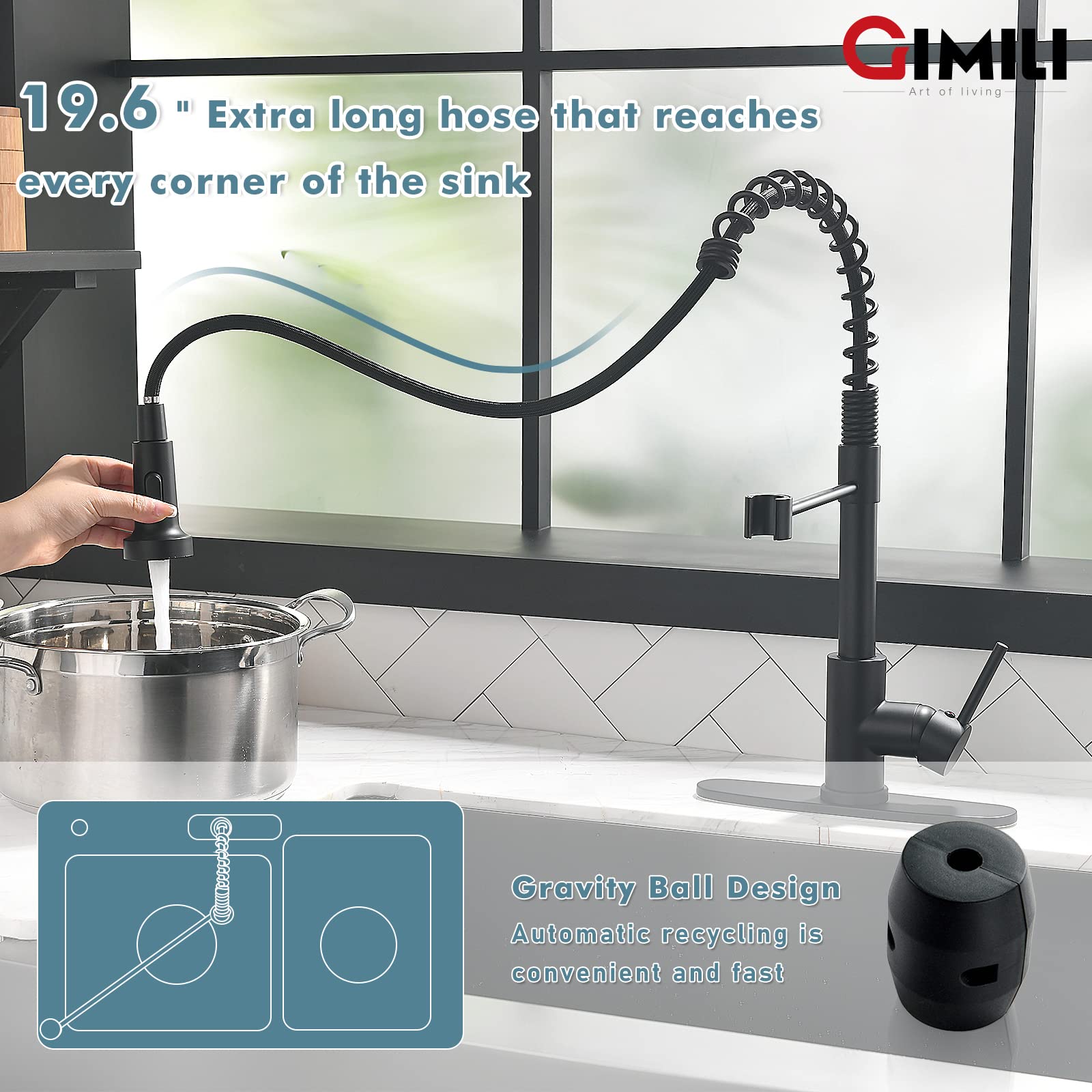 GIMILI Matte Black Commercial Kitchen Faucet with Pull Down Sprayer and Soap Dispenser - Single Handle Spring Pull Out Sink Faucet for Restaurant & Home Kitchen Use