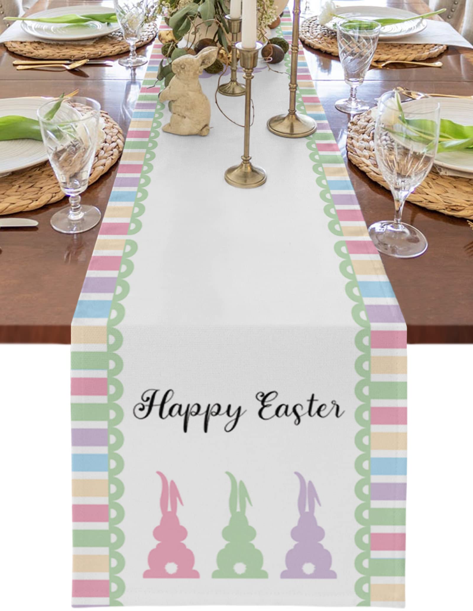 Easter Burlap Linen Table Runner 36 Inch - Colorful Striped Farmhouse Decor for Kitchen, Dining Table, Coffee Table, Wedding & Banquet | Spring Bunny Theme Home Decoration for Easter Party & Farmhouse Style