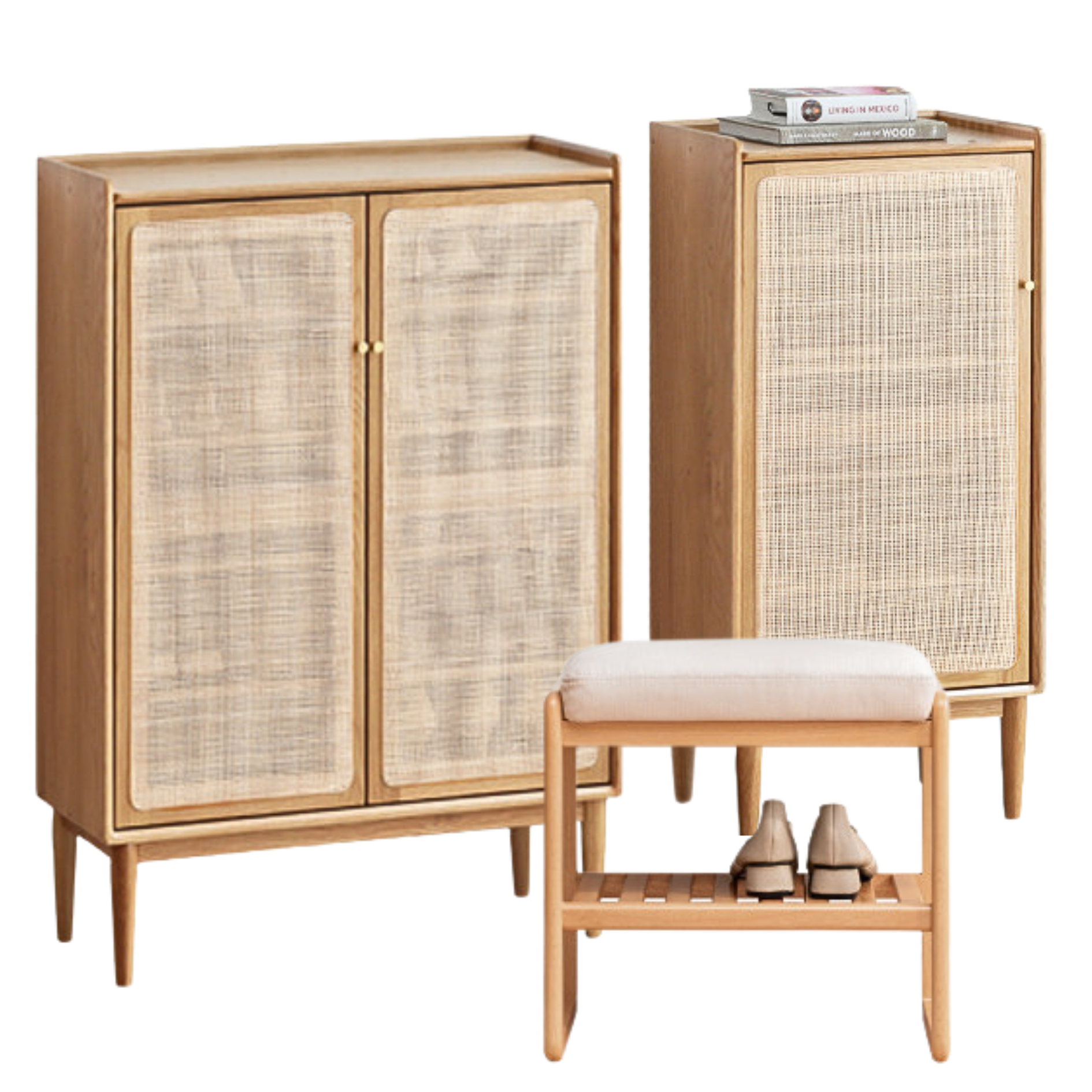 25.6x13.8x39.4 inch/ 65x35x100cm/ Natural Wood Color/ wide shoe cabinet + narrow shoe cabinet + shoe bench set
