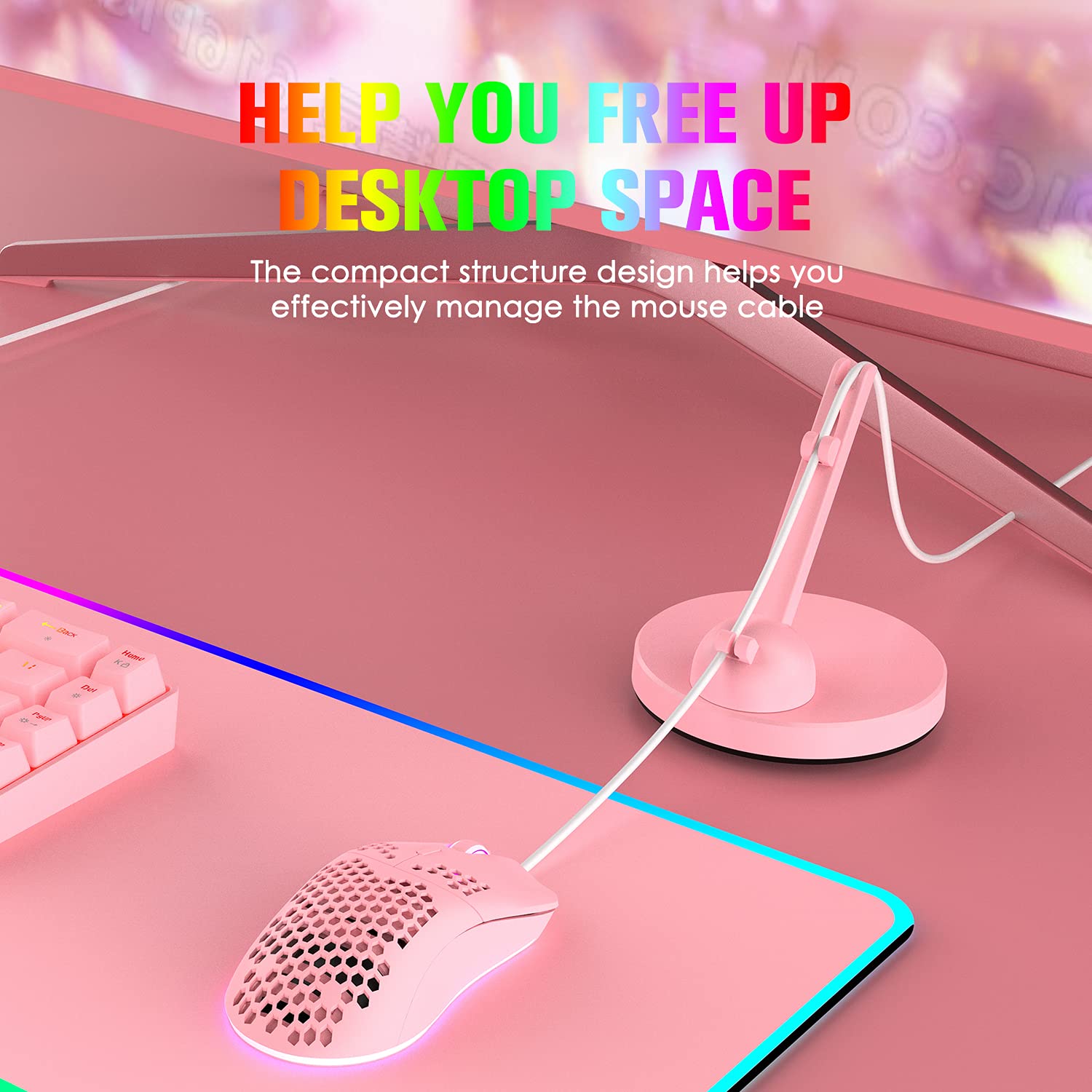 LexonElec 60% Compact Mechanical Gaming Keyboard & Mouse Combo - RGB Backlit 68-Key Wired Keyboard with 18 Lighting Effects, 6400DPI Honeycomb Gaming Mouse, Mouse Bungee & Mouse Pad (Pink/Blue Switch) - Perfect for PC Gaming, Esports & Office Work