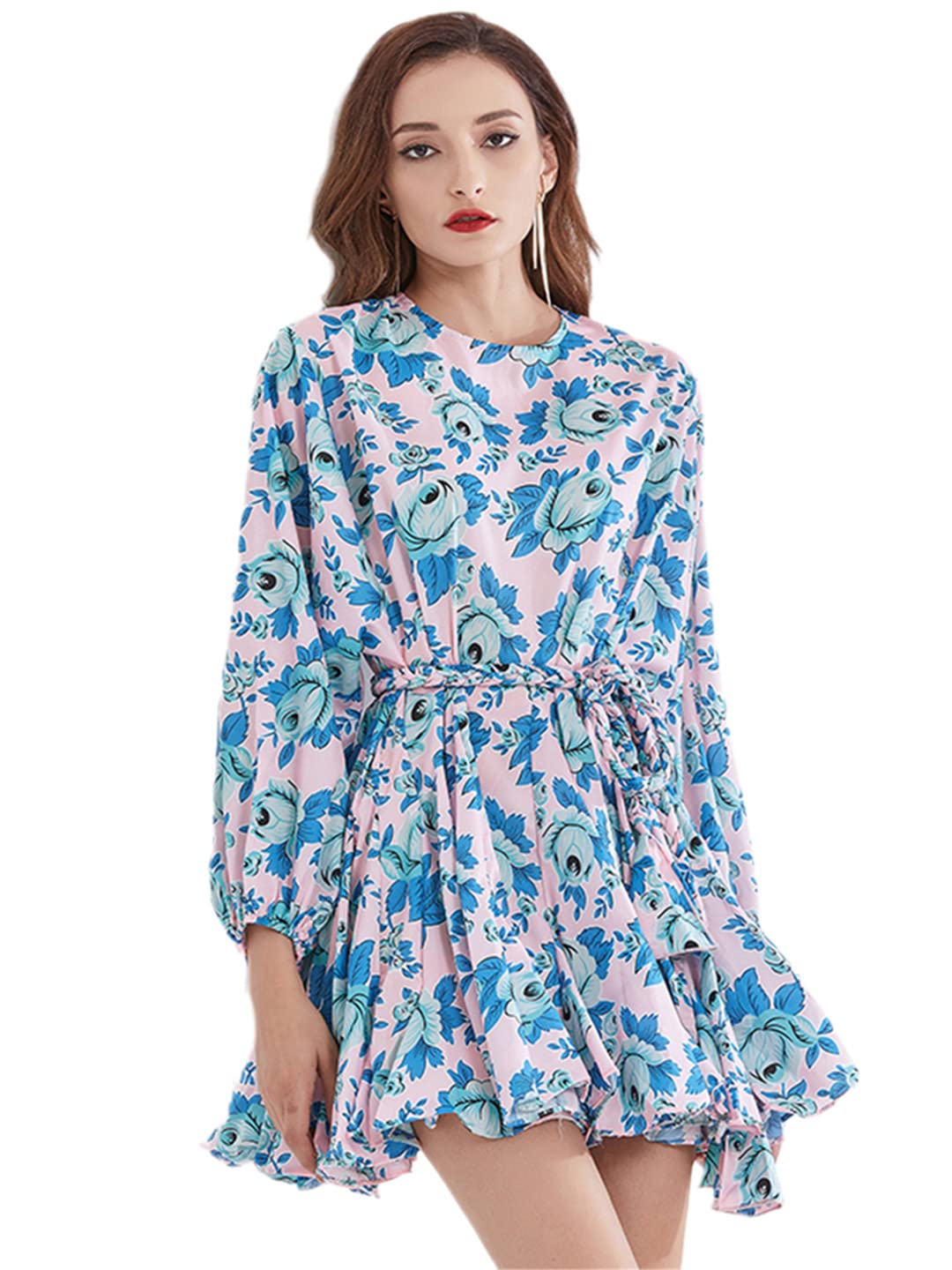 Women's Floral Print O-Neck Balloon Sleeve Dress with High Waist Tie Bow - Elegant Contrast Design for Casual Wear, Office Outfits & Special Occasions