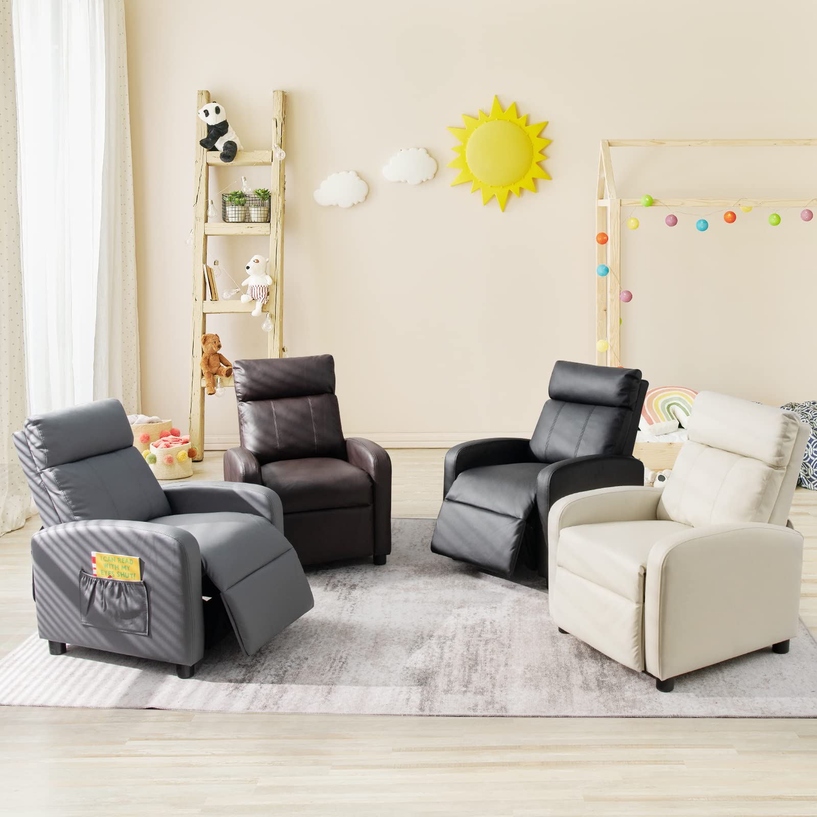 Costzon Kids Recliner Chair - Adjustable PU Leather Lounge Chair with Side Pockets, Footrest & Headrest for Children 3-12 Years Old (Black) - Perfect for Playrooms, Bedrooms & Movie Nights