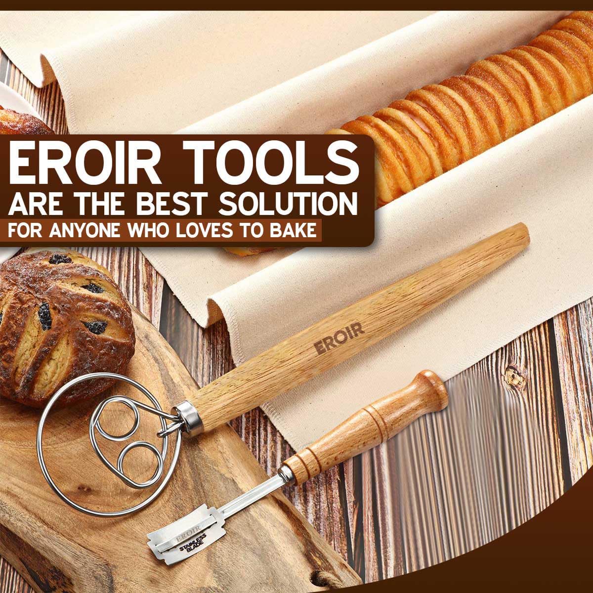 EROIR Danish Dough Whisk & Bread Lame Set - 13 Inch Stainless Steel Dutch Bread Whisk with 10 Razor Blades & Leather Cover - Professional Baking Tools for Sourdough, Artisan Bread Making - Perfect for Home Bakers & Professional Chefs