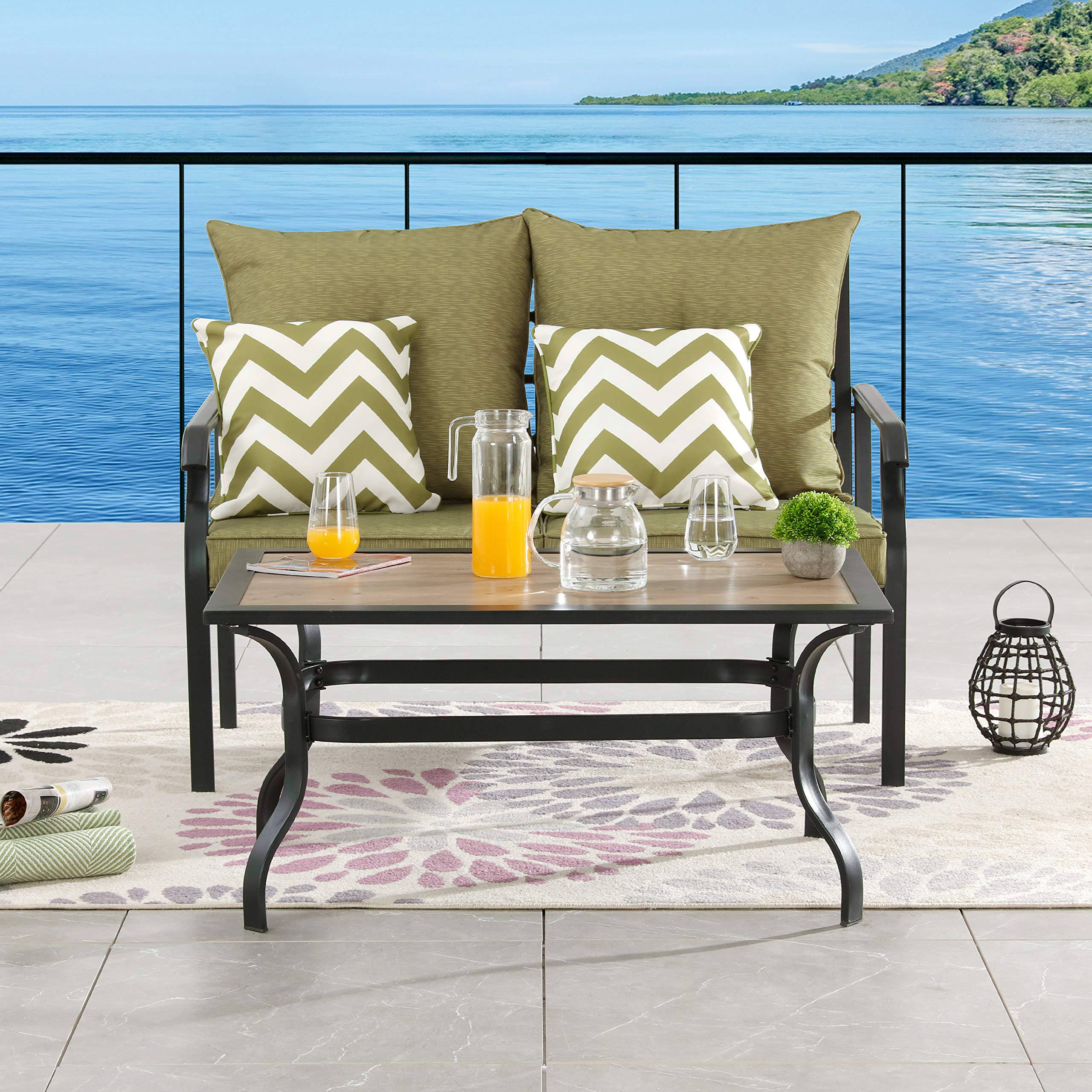 LOKATSE HOME 2-Piece Outdoor Loveseat Set with Cushions & Coffee Table - Patio Bistro Metal Bench Conversation Furniture for Garden, Backyard, Deck (Green) | Perfect for Relaxing, Entertaining Guests & Outdoor Dining