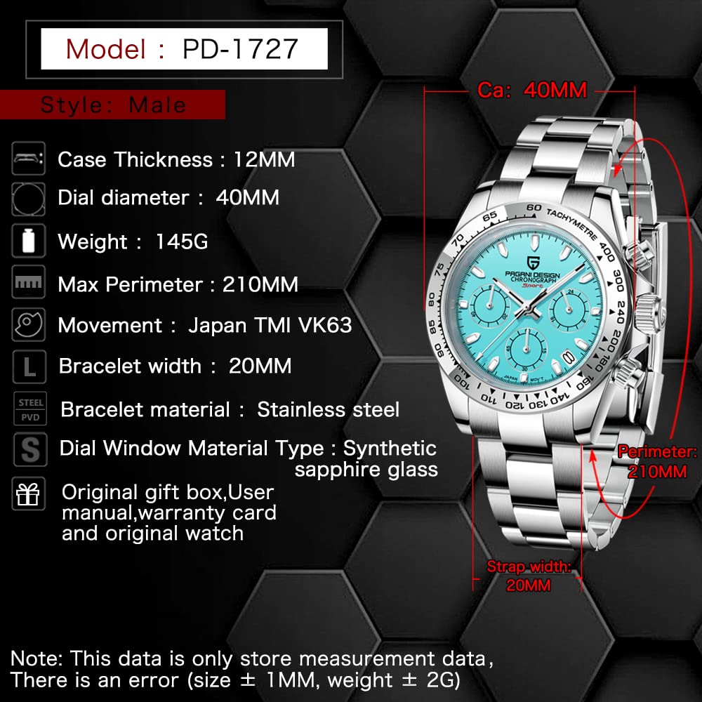 Pagani Design Classic Men's Chronograph Watch - Stainless Steel, Japanese VK63 Quartz Movement, 100m Waterproof - Luxury Business & Dress Watch for Office, Formal Events & Everyday Wear