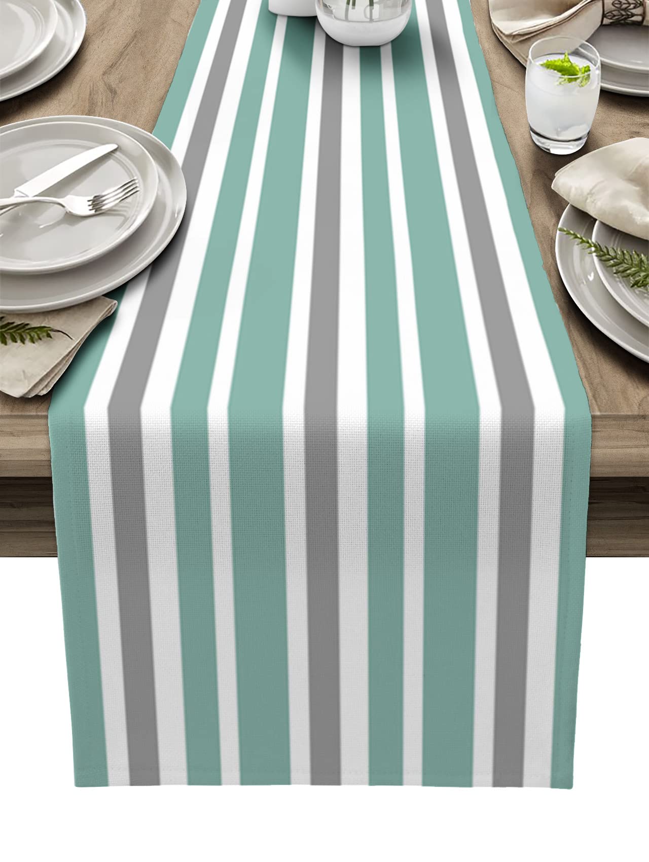 Non-Slip Mint Green & Grey Striped Cotton Linen Table Runner - 13x108 Inch Turquoise Dining Table Decor for Weddings, Coffee Parties & Outdoor Events - Perfect for Farmhouse, Boho & Rustic Home Decor