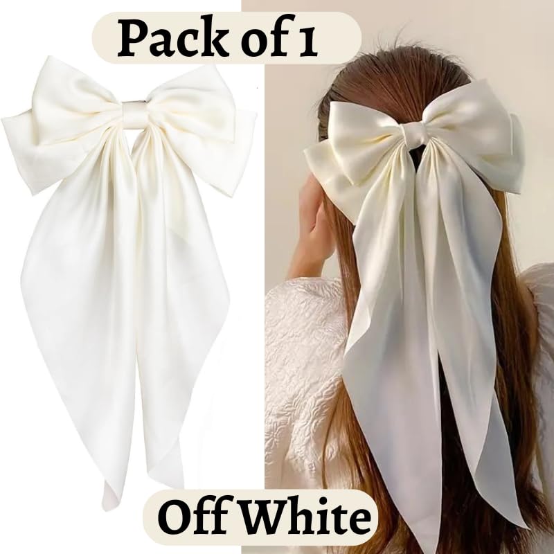 Luxury Satin Hair Bow Clips for Women & Girls - Elegant Off White Hair Accessories, Bow Clips for Women, Cute Hair Bows for Girls - Perfect for Weddings, Parties & Everyday Style