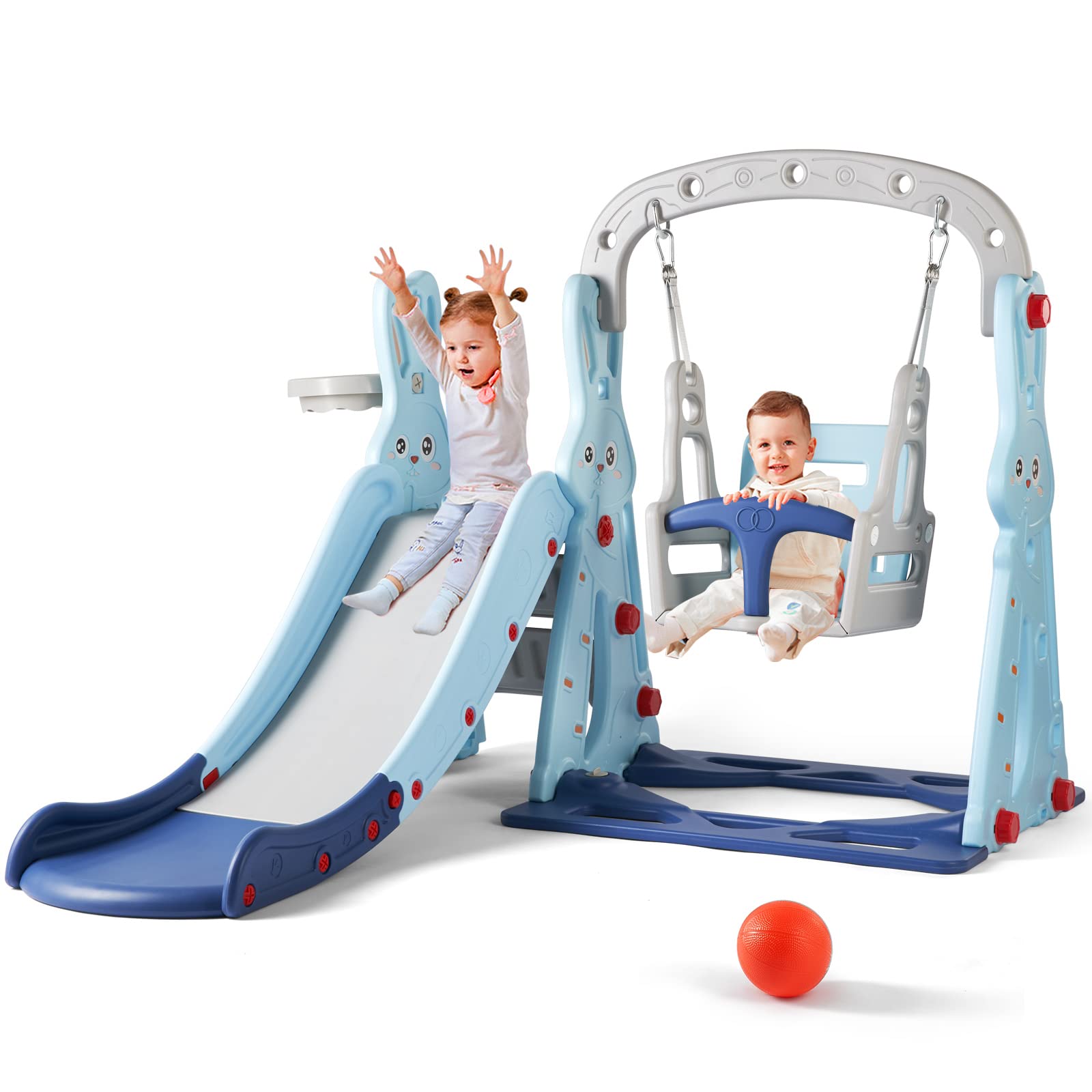 JOYLDIAS 4-in-1 Toddler Slide & Swing Set with Safety Belt, Basketball Hoop & Ball - Extra Long Slide for Kids Climber Playset - Indoor & Outdoor Playground Toys for Backyard, Park & Nursery Fun