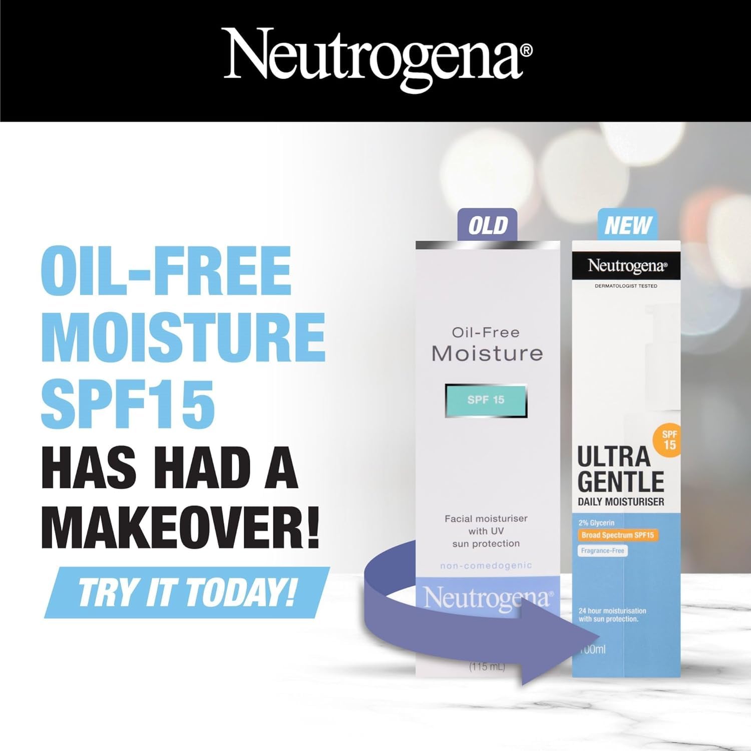 Neutrogena Oil-Free Facial Moisturizer with SPF 15 Sunscreen | Fragrance-Free & Non-Greasy | 24-Hour Hydration for Normal to Oily Skin | Dermatologist Recommended | Daily Use for Sun Protection & Lightweight Moisturizing